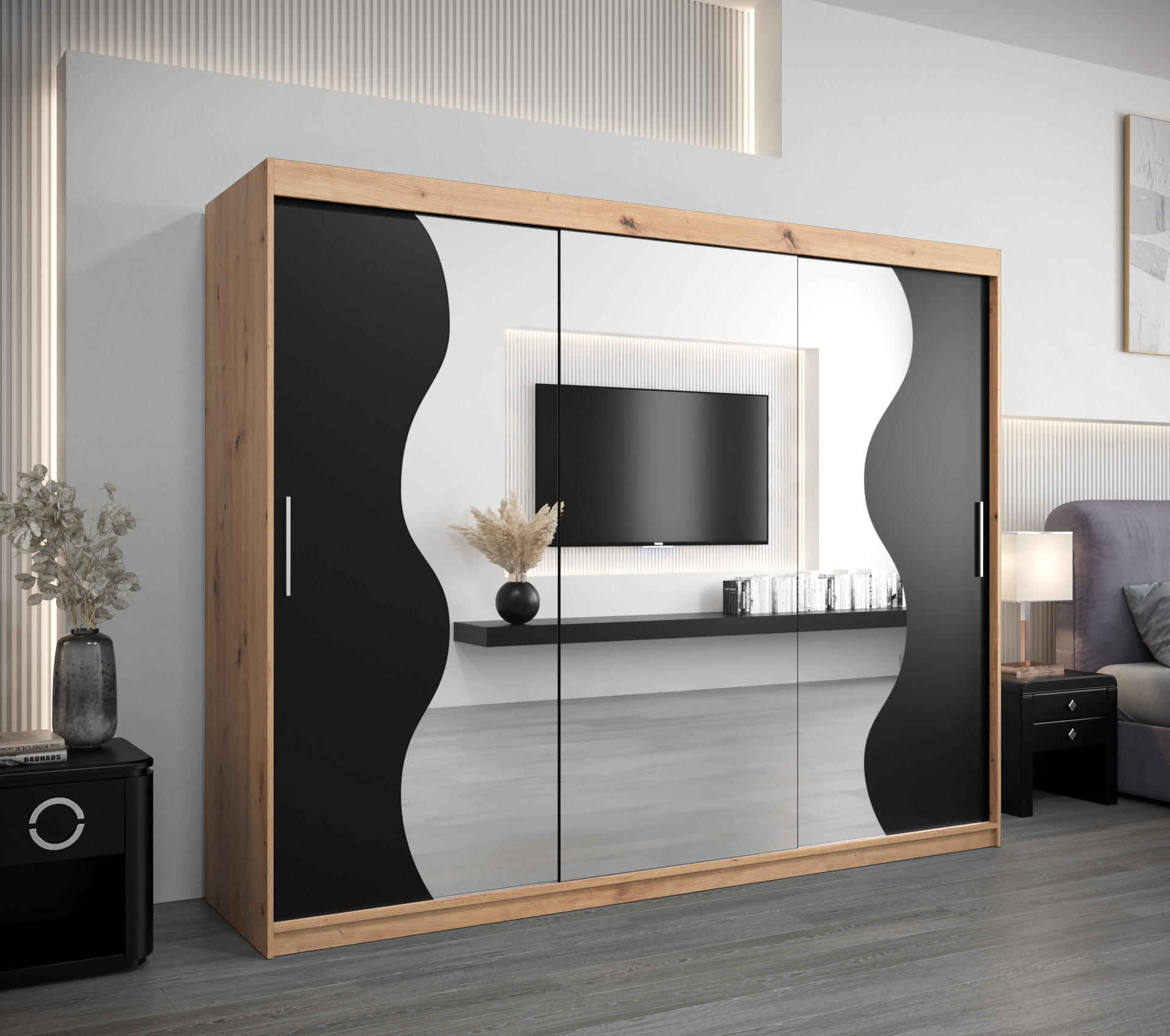 SCHWEBETÜRENSCHRANK 200/250/62 3-türig - Silberfarben/Schwarz, Holz/Kunststoff (250/200/62cm) - MÖBEL KRYSPOL
