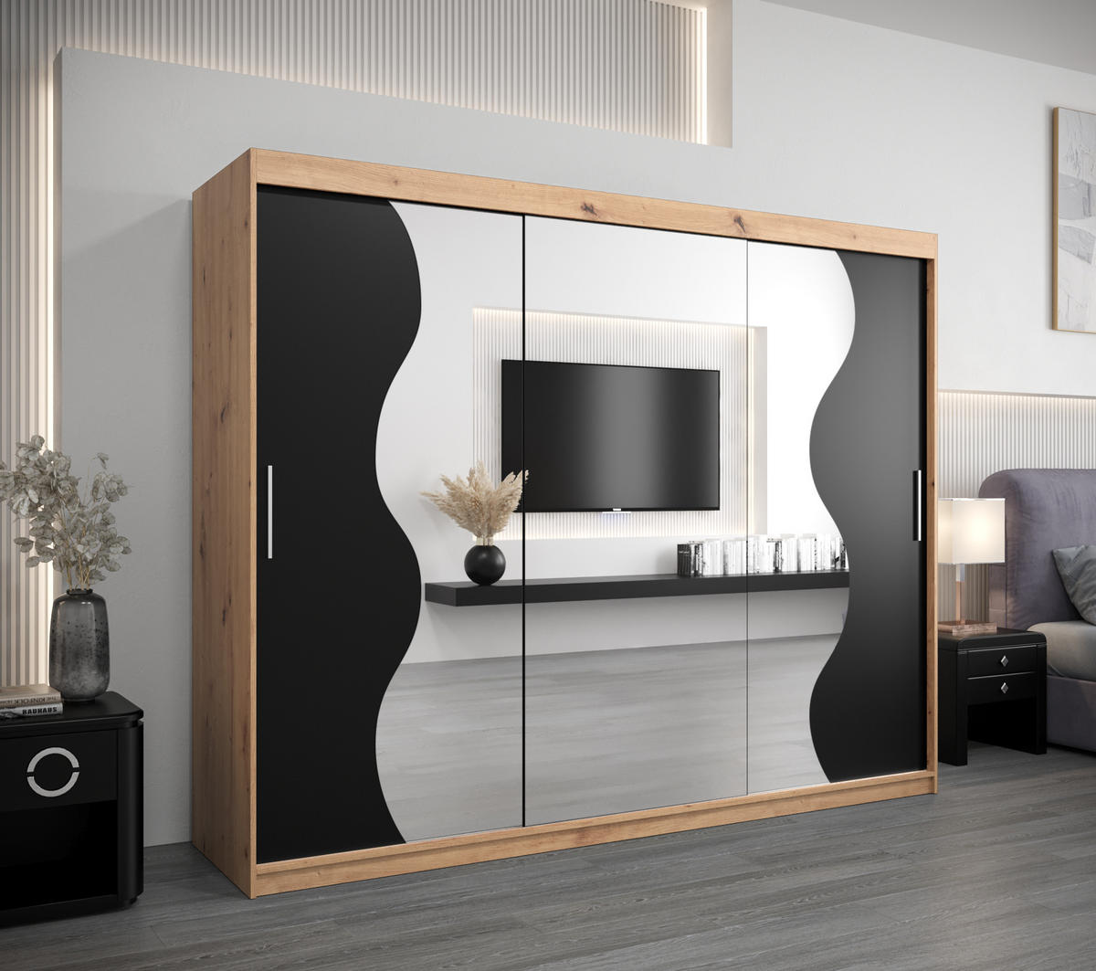 SCHWEBETÜRENSCHRANK 200/250/62 3-türig - Silberfarben/Schwarz, Holz/Kunststoff (250/200/62cm) - MÖBEL KRYSPOL