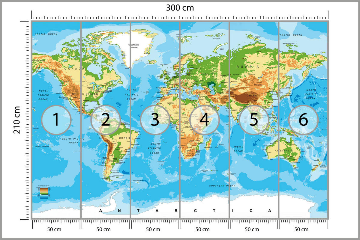FOTOTAPETE für Wohnzimmer Physische Weltkarte Schriften 300x210 - Blau/Gelb, Papier (300/210cm) - Muralo
