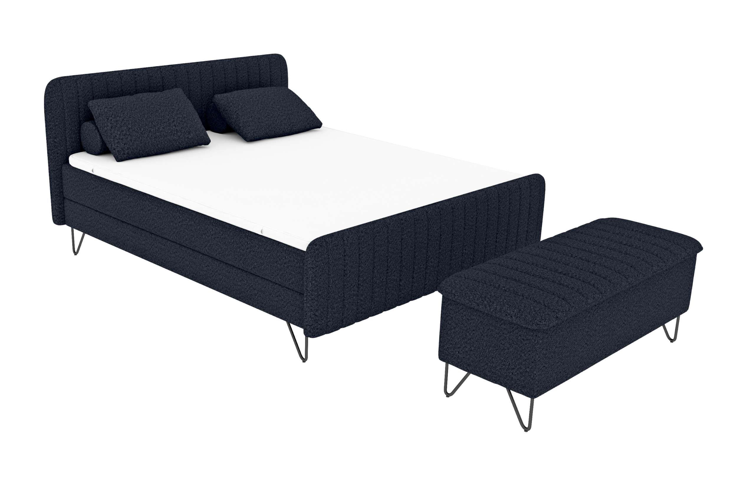 BOXSPRINGBETT LUCIO mit Hocker Bouclé-Stoff Dunkelblau 160/200 cm - Schwarz/Dunkelblau, Textil/Metall (160/200cm) - 99rooms
