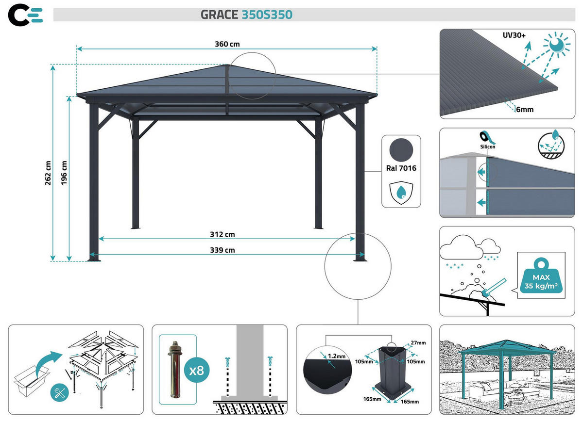PAVILLON Grace Anthrazitgrau 3,5m x 3,5m - Grau, Metall (360/262/360cm) - Cazeboo