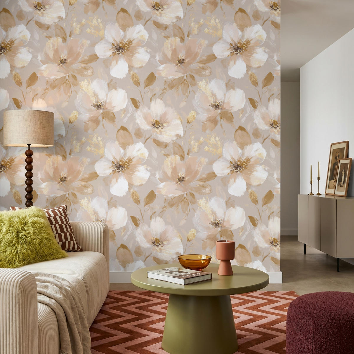 TAPETE - Blumen - künstlerisch - Gold - 220x220 cm - Beige, Papier (220/220cm) - OnlyWow