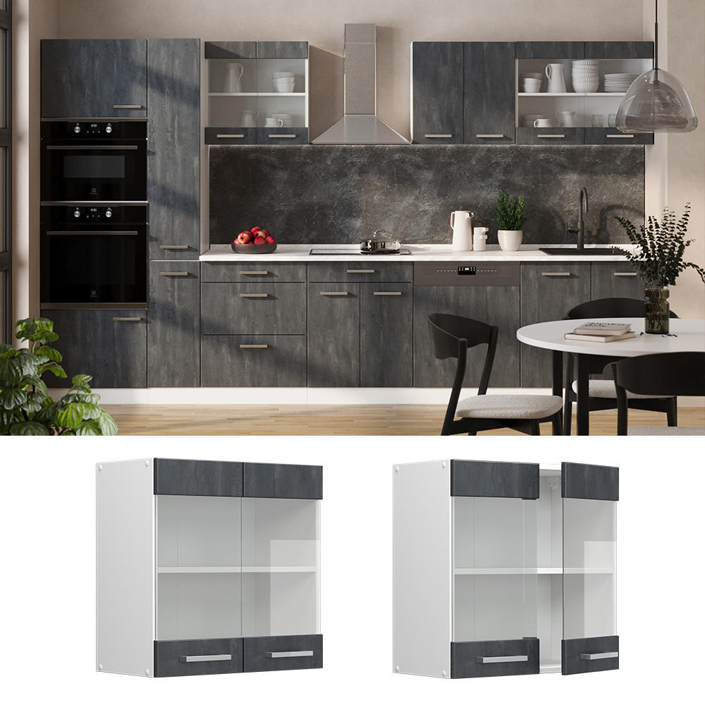 KÜCHENGLASSCHRANK R-Line Schwarz Beton 60 cm - Schwarz/Weiß, Holzwerkstoff (60/60/31cm) - Vicco