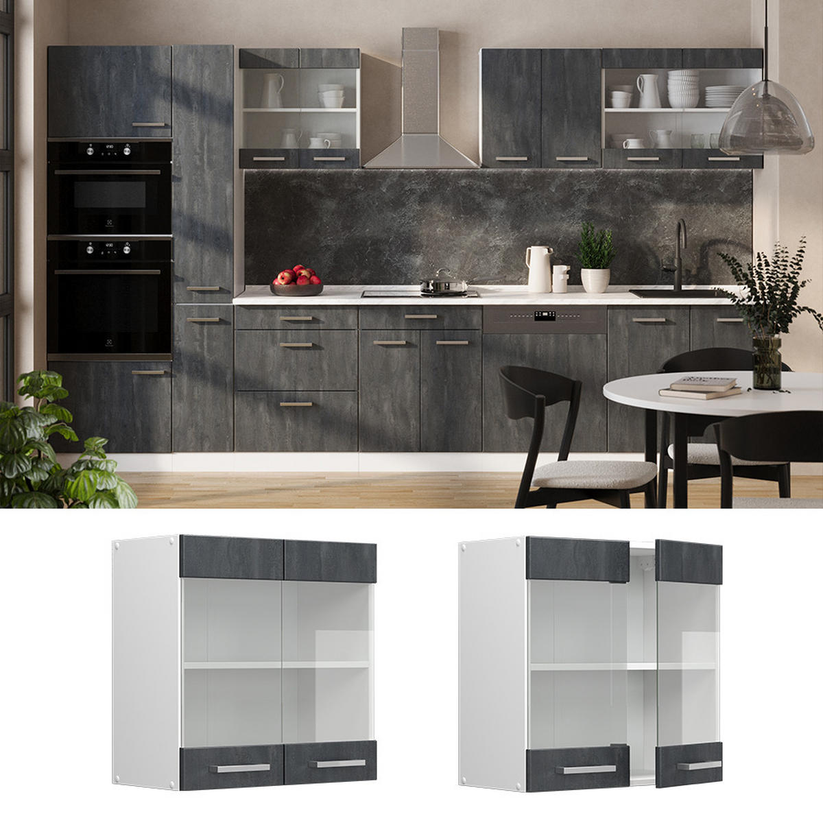 KÜCHENGLASSCHRANK R-Line Schwarz Beton 60 cm - Schwarz/Weiß, Holzwerkstoff (60/60/31cm) - Vicco