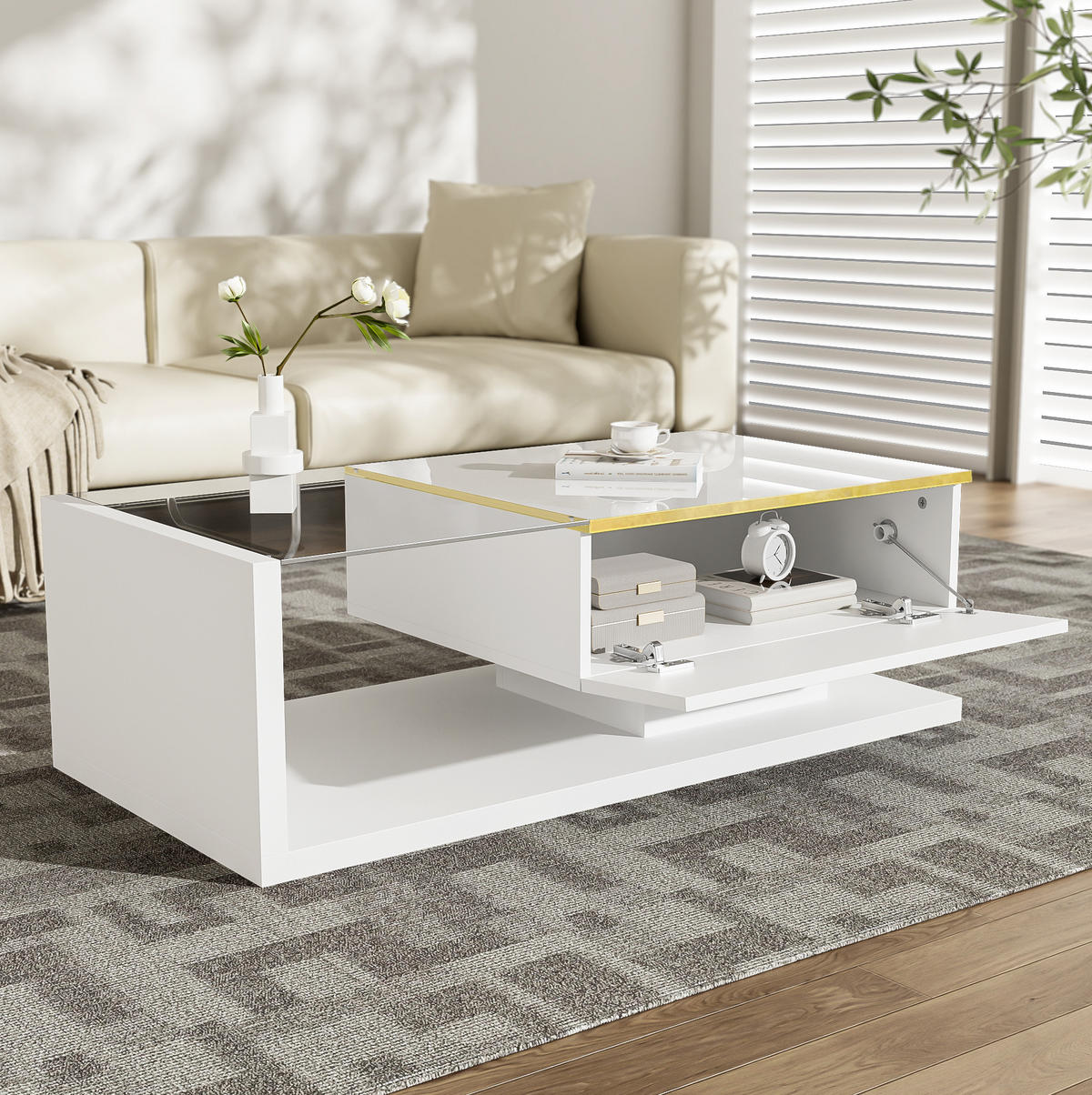 KONFERENČNÍ stolek 100/50/32,5 cm bílý s LED a skleněnou deskou - bílá, kompozitní dřevo (100/50/32.5cm) - BEAOK