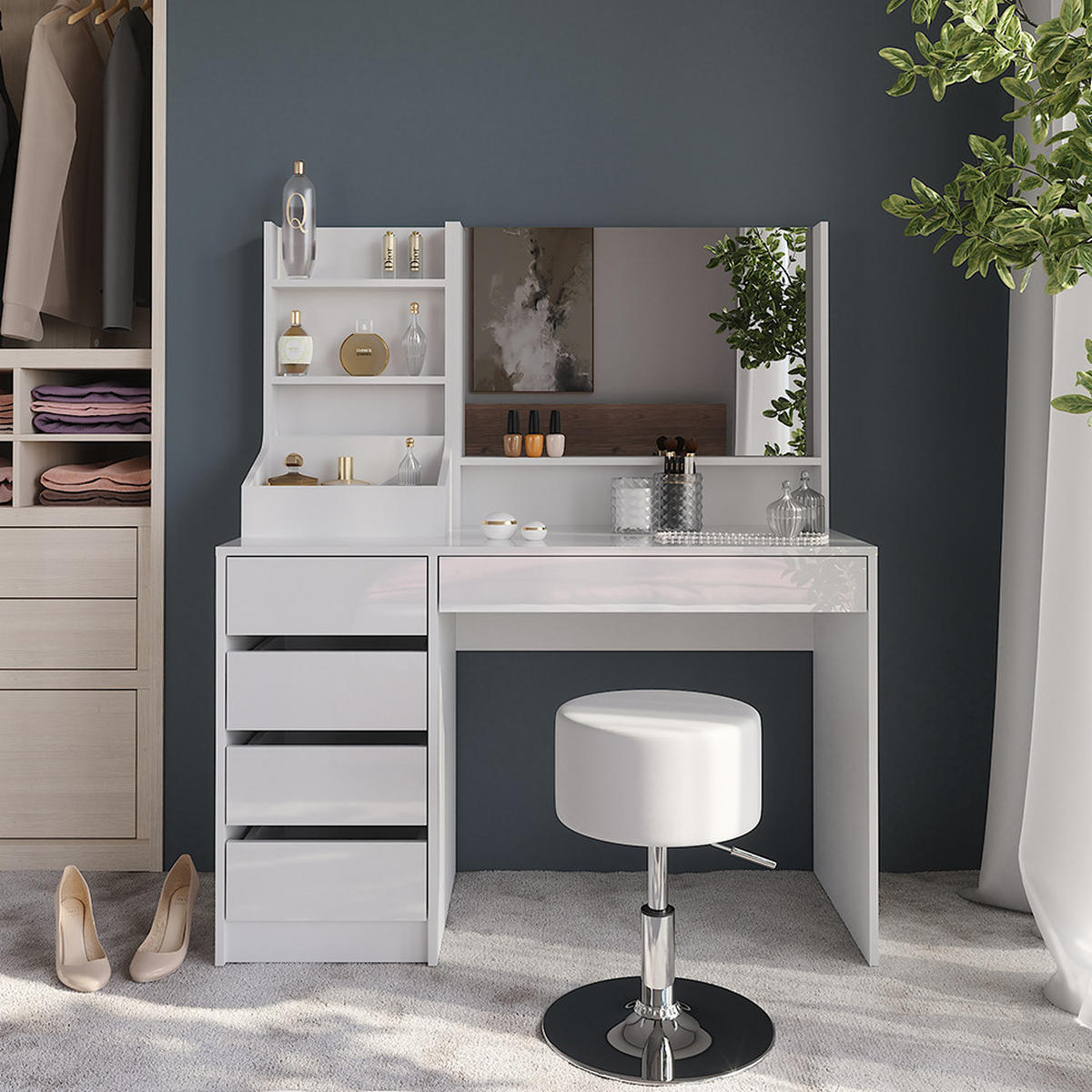 SCHMINKTISCH Sherry Weiß/Weiß Hochglanz 119.8 cm 4 Teile - Weiß Hochglanz, Holzwerkstoff (119.8/76/50.1cm) - Vicco