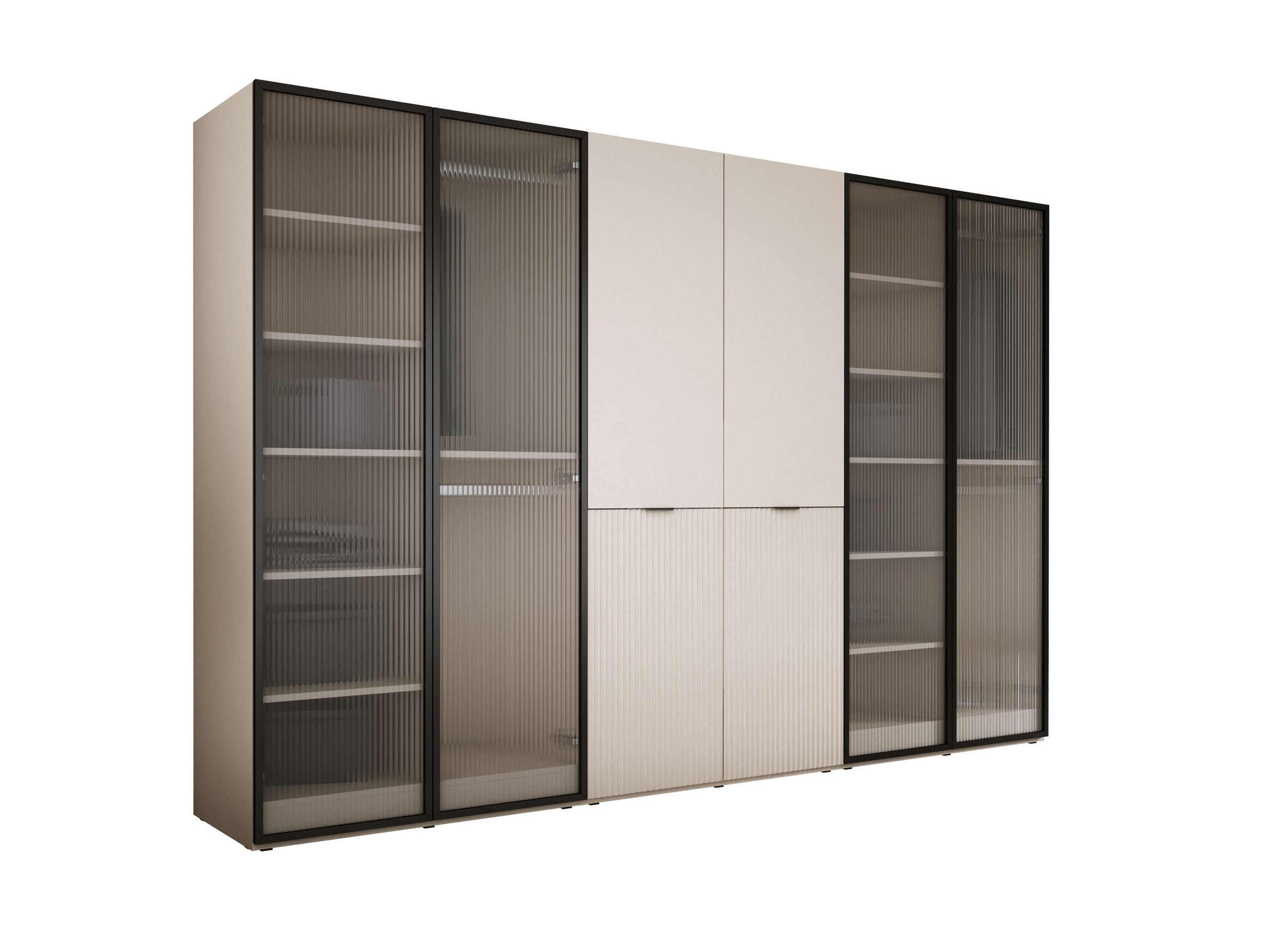 KLEIDERSCHRANK, Gerilltes Glas / Sandbeige / Gerilltes Glas, 300 x 200 x 51 cm - Sandfarben/Naturfarben, Holzwerkstoff (300/200/51cm) - 3XE LIVING