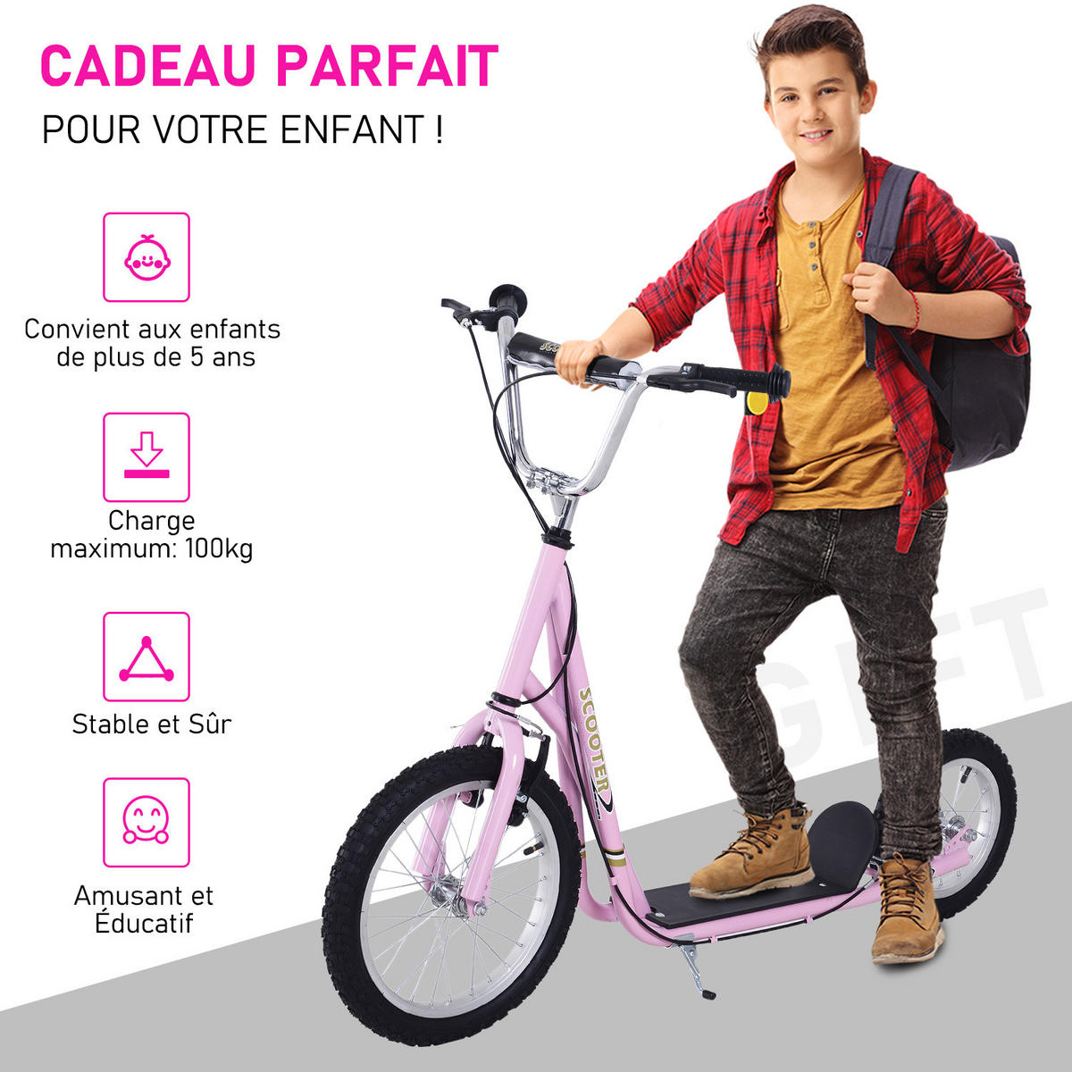 KINDERSCOOTER DE-16940 Große Reifen mit V-Bremsen Rosa - Pink, Metall (135/58/100cm) - ComfortXL