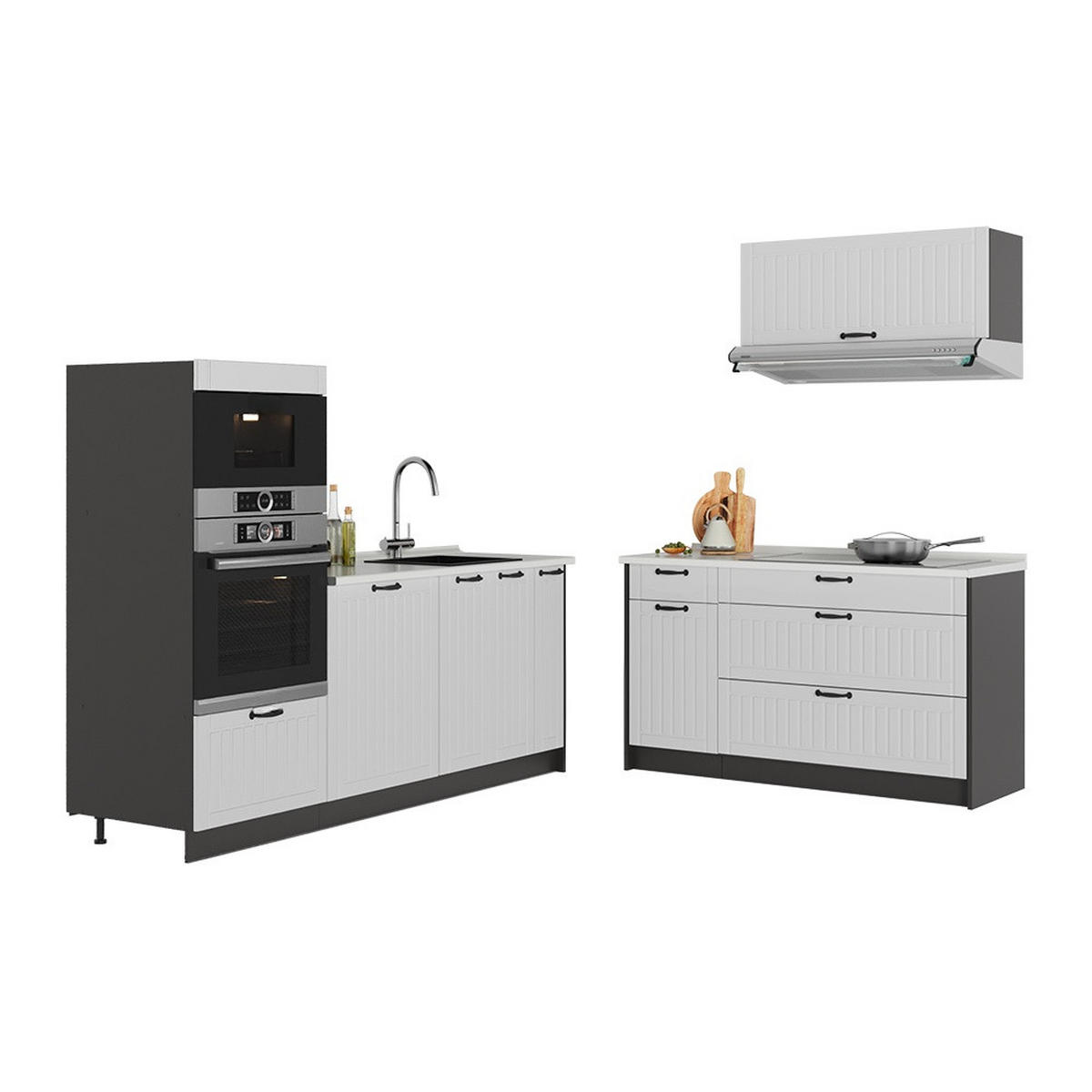 KÜCHENZEILE Fame-Line, Weiß Landhaus/Anthrazit, 340 cm, AP Marmor - Anthrazit/Weiß, Holzwerkstoff (340/153.6/60cm) - Vicco