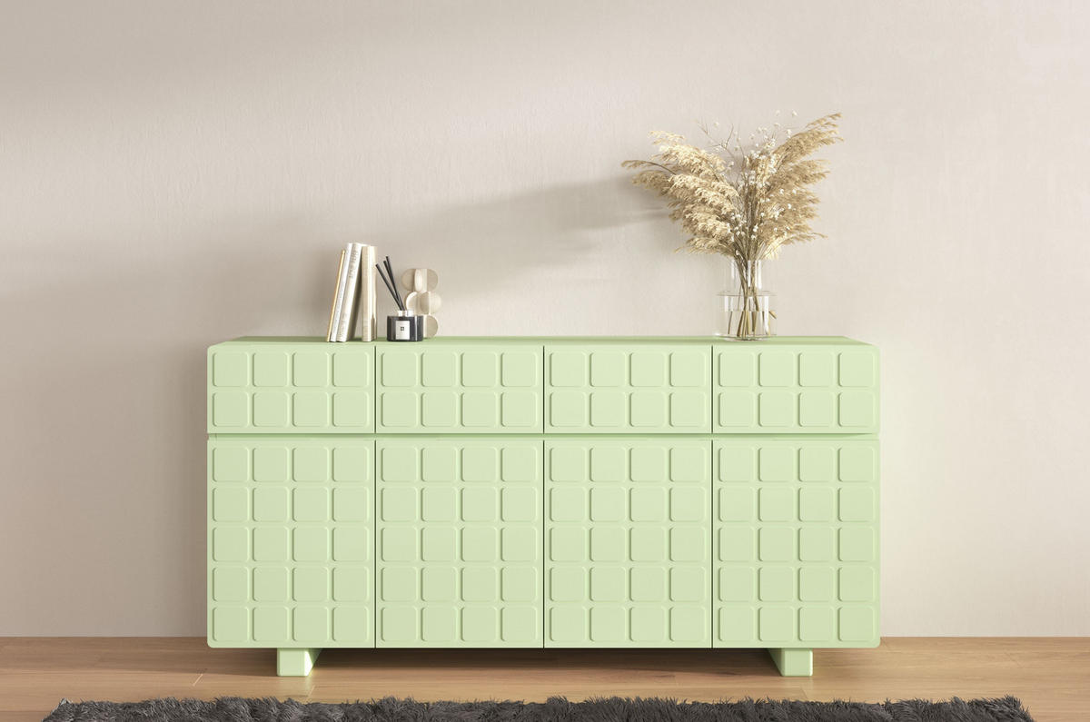 SIDEBOARD Cubo Long, Geometrische 3D Fronten, 169 cm, Grün - Pastellgrün, Holz/Holzwerkstoff (168.9/83.8/41.8cm) - Skandica