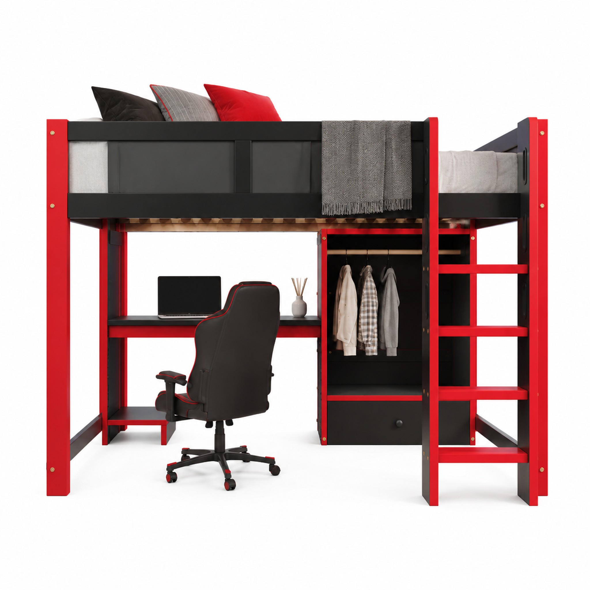 HOCHBETT mit Schreibtisch 140x200 cm Kiefer Schwarz/Rot - Schwarz, Holz (140/200cm) - Meubliv