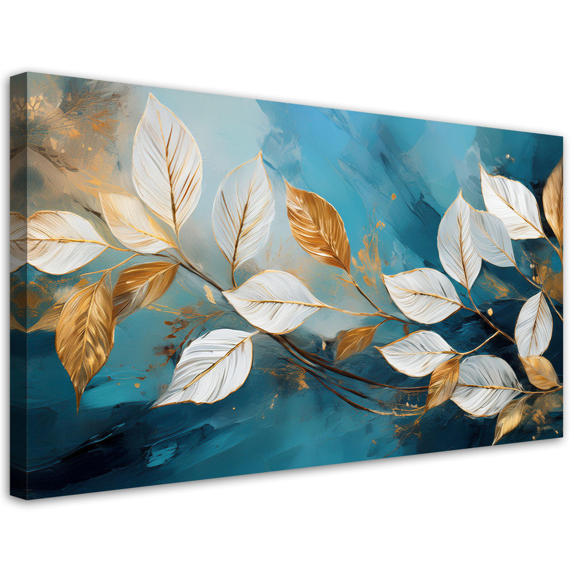 WANDBILD weiße blätter auf einem türkisfarbenen zweig - Türkis, Textil (120/60cm) - Feeby