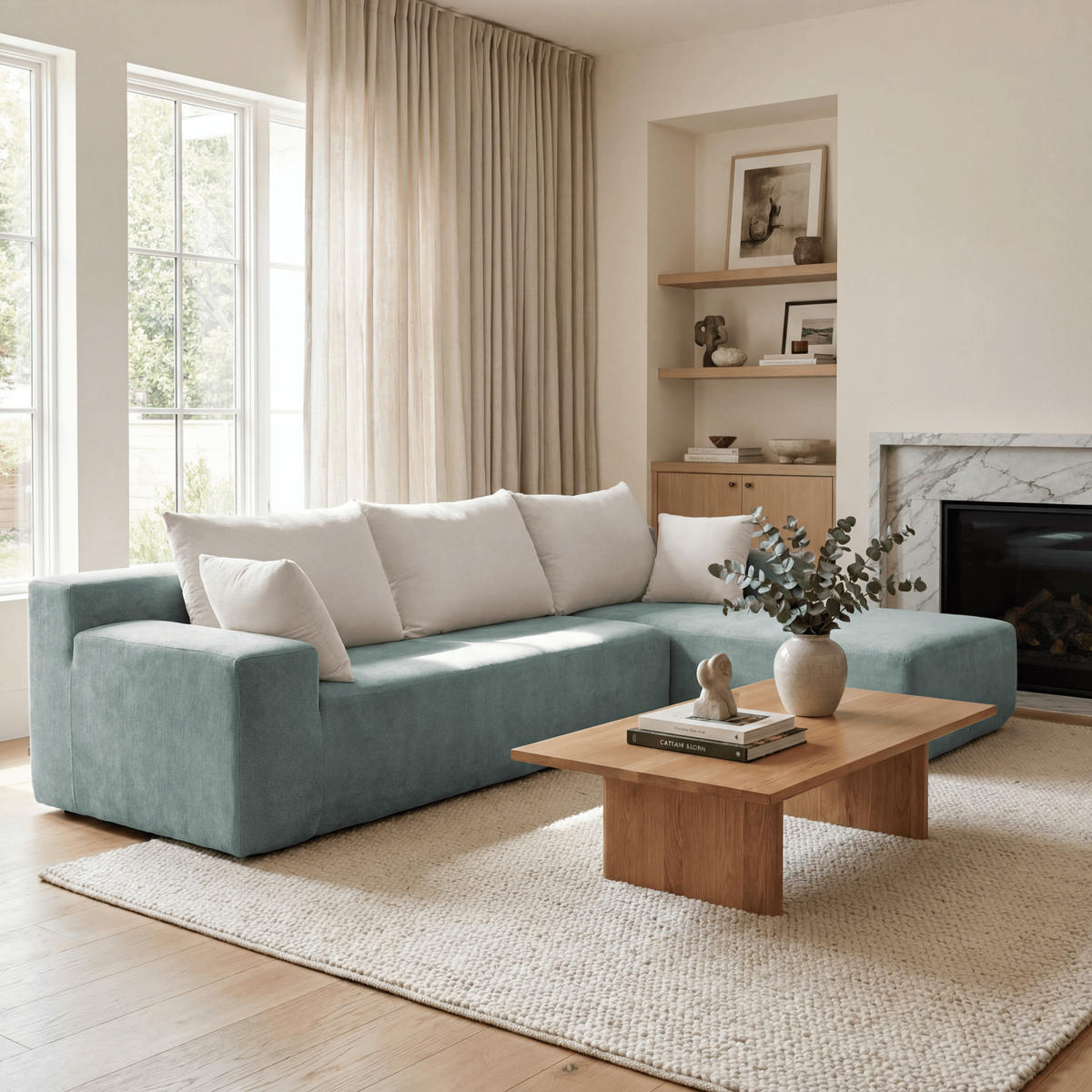 ECKSOFA Luna Salbei Weiß 3-Sitzer Rechts - Salbeigrün, Textil (267/175cm) - COCO Living