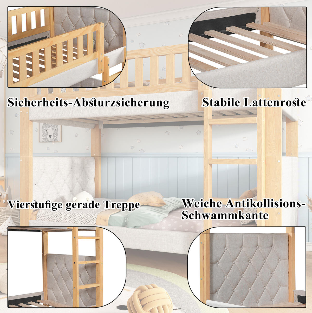 ETAGENBETT aus Kautschukholz und MDF 90x200 cm Grau/Natur mit 4-stufiger Treppe - Grau, Holzwerkstoff (90/200cm) - IVMEU
