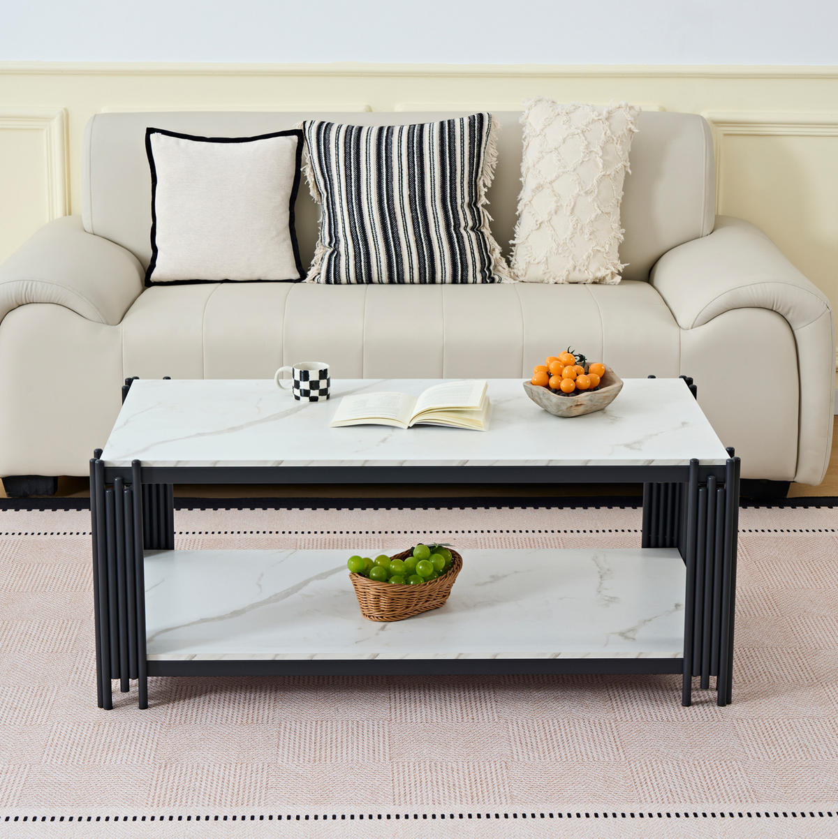 COUCHTISCH 114/64/46 cm weiß schwarz aus MDF mit 2 Ablagen - Schwarz, Holzwerkstoff (114/64/46cm) - OKWISH