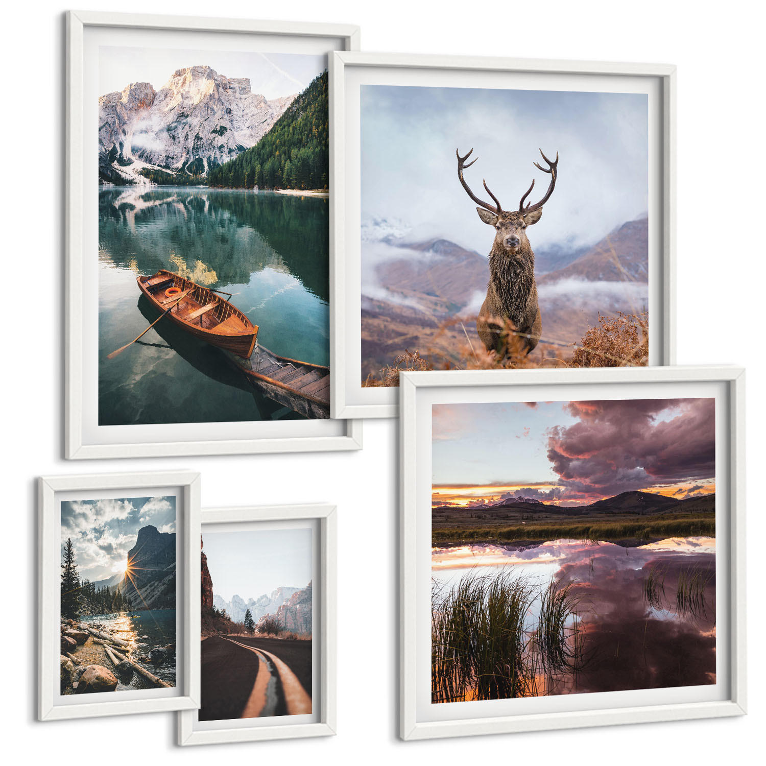 BILDER SET 5er Set - 50x50 cm & 20x30 cm & 40x60 cm Weißer Rahmen - Bergsee, Bootsfahrt, Sonnenuntergang, Hirsche - Weiß, Kunststoff (40/60cm) - TULUP