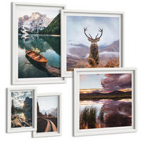 BILDER SET 5er Set - 50x50 cm & 20x30 cm & 40x60 cm Weißer Rahmen - Bergsee, Bootsfahrt, Sonnenuntergang, Hirsche - Weiß, Kunststoff (40/60cm) - TULUP