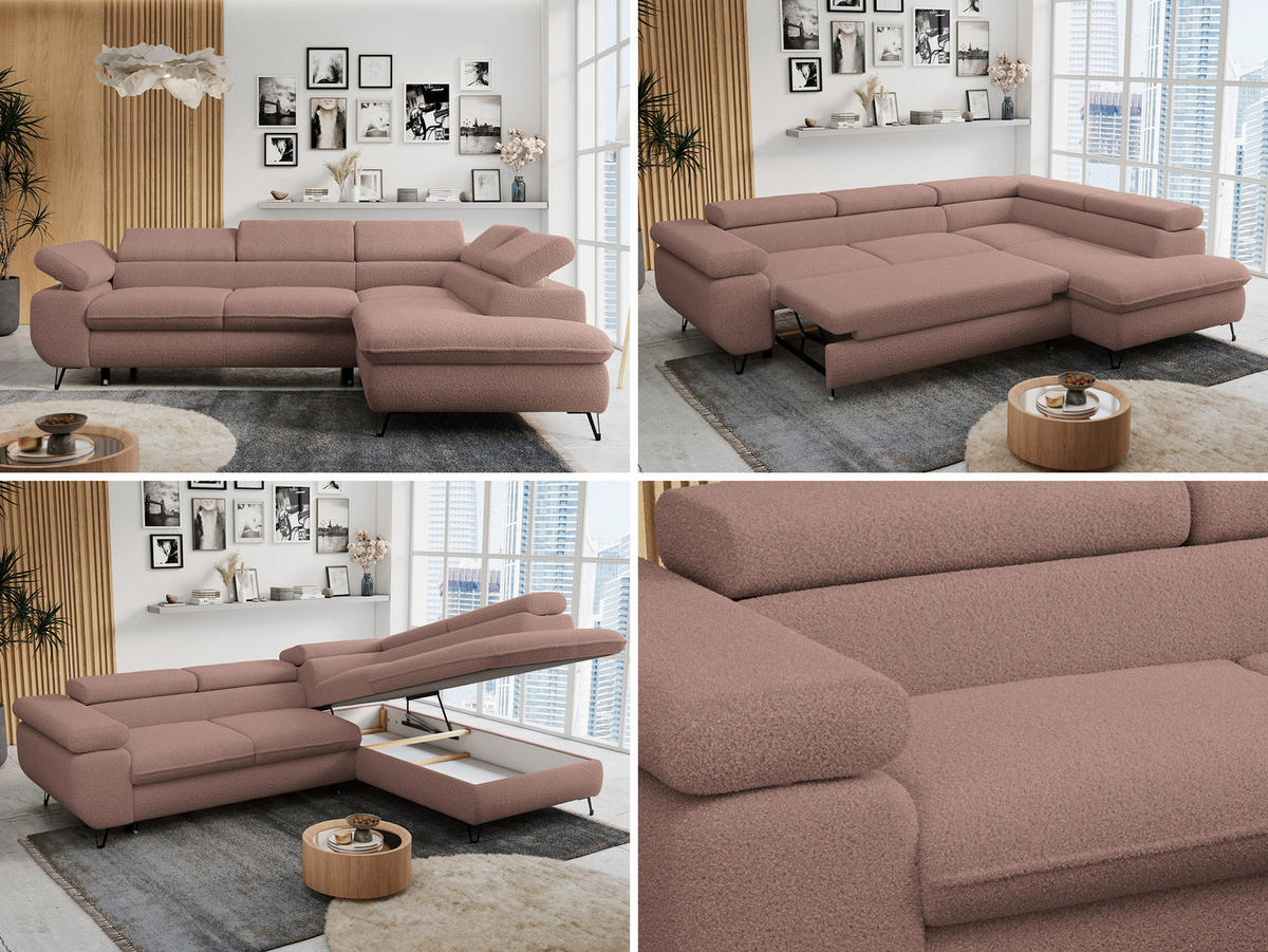 ECKSOFA PETER L Rosa Boucle - Rechts Seite - Schwarz/Rosa, Textil/Metall (273/208cm) - MKS
