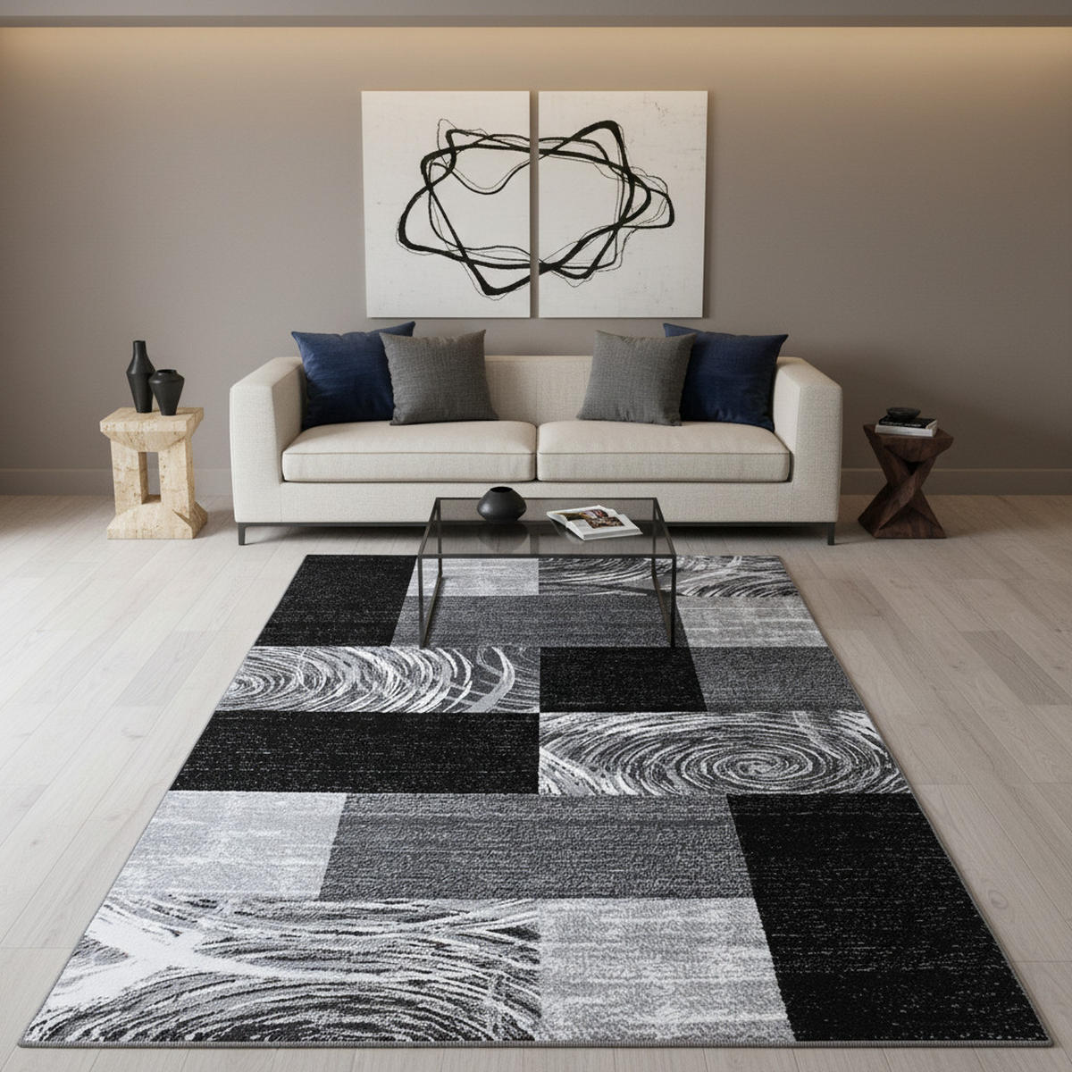 TEPPICH Handwäsche Kurzflor Abstrakte Karos Polypropylen Wohnzimmer Schwarz Rechteckig 240x340 - Schwarz, Textil (240/340cm) - KADIMA DESIGN