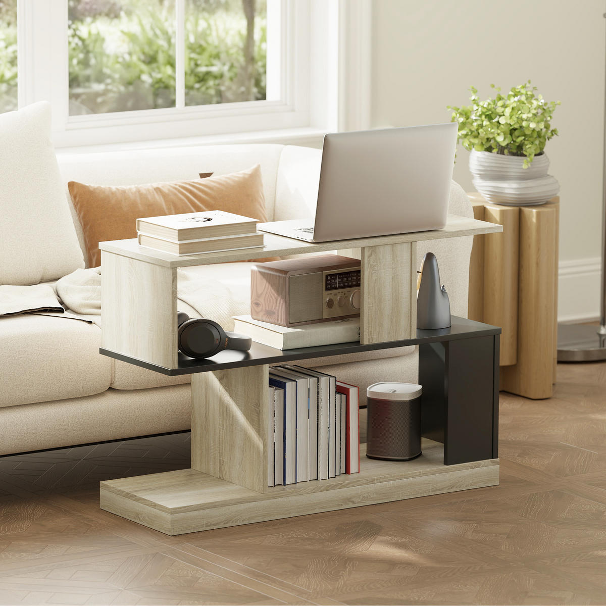 BEISTELLTISCH DE-15786 S-Form mit 3 Ebenen Naturholz - Naturfarben, Holzwerkstoff (90/30/61cm) - ComfortXL