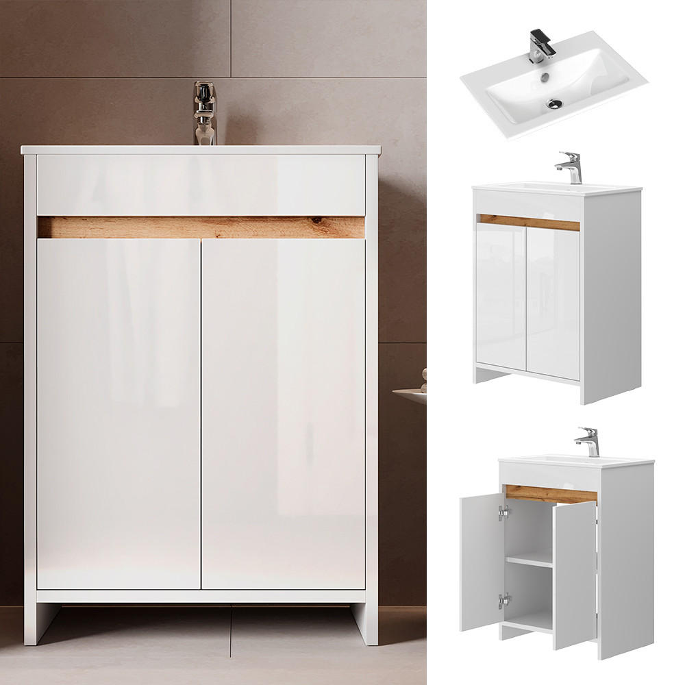 WASCHTISCHKOMBI Lemgo Weiß 2 Teile, Unterschrank 60 cm - Weiß Hochglanz/Weiß, Holzwerkstoff (59.6/81.9/40cm) - Vicco