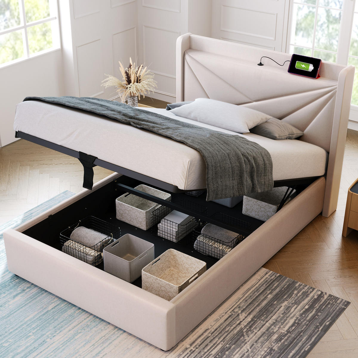 POLSTERBETT 90/200 cm aus Baumwollleinen mit Bettkasten, USB- und Typ-C-Anschluss, geometrischem Kopfteil und Matratze, Beige - Beige, Textil - Redom