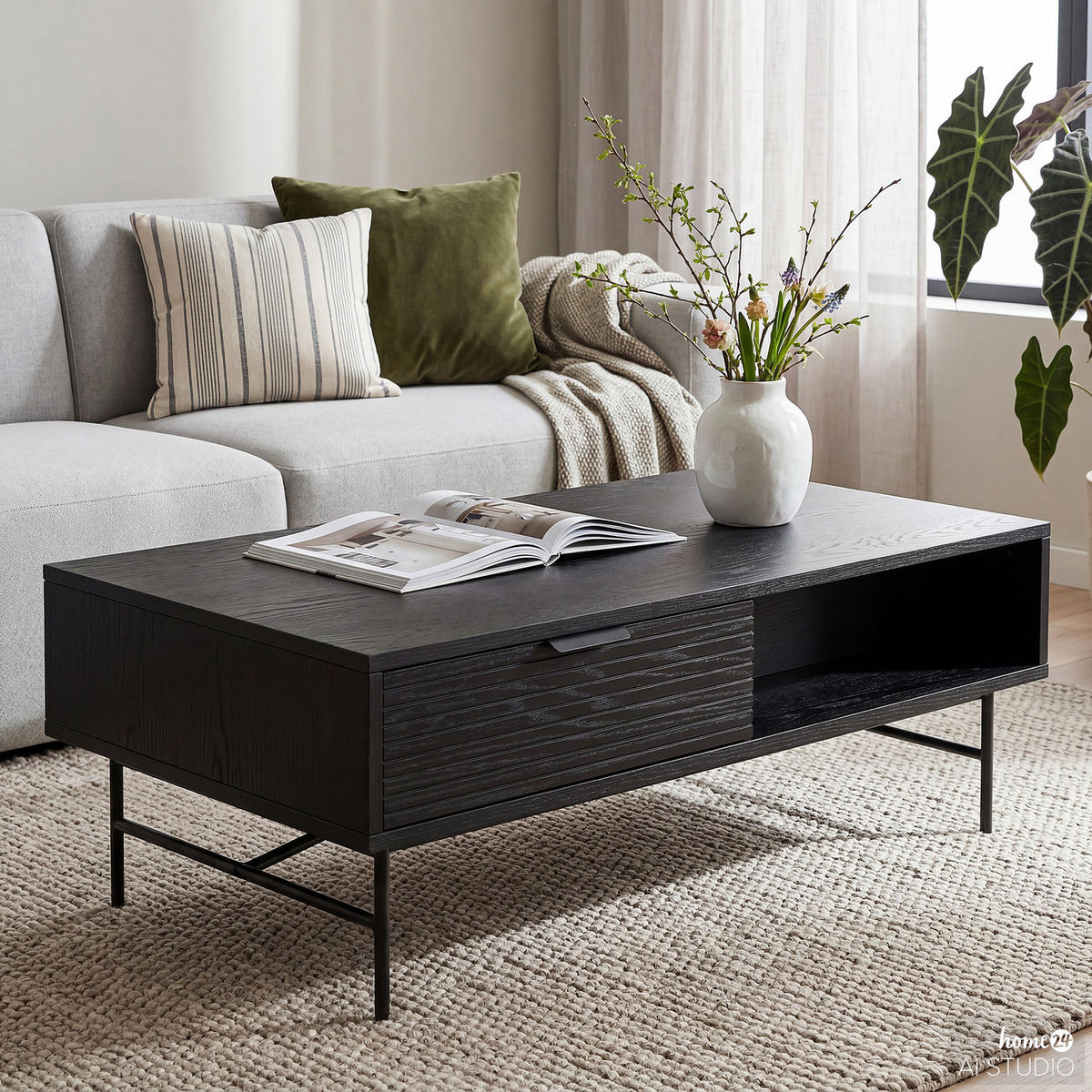 COUCHTISCH - Echtholzfurnier - Eichefarben/Schwarz, Holzwerkstoff/Metall (60/120/40cm) - home24