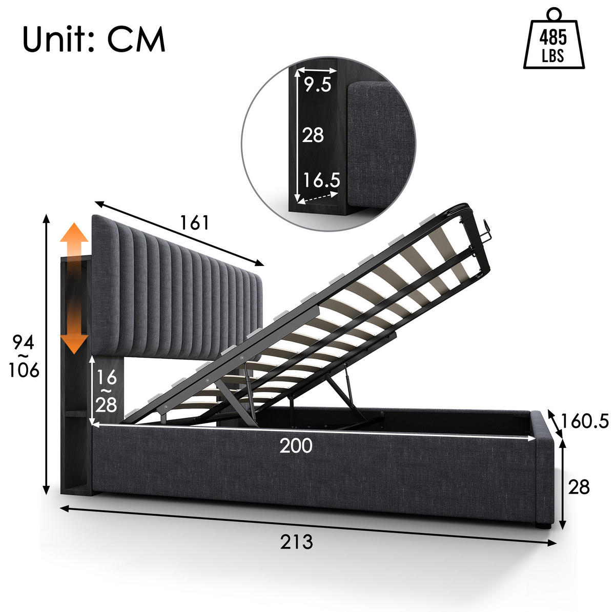 ČALOUNĚNÁ postel 160/200 cm šedá ze lnu s LED čelem, USB-C a úložným prostorem - šedá, textil (160/200cm) - OKWISH