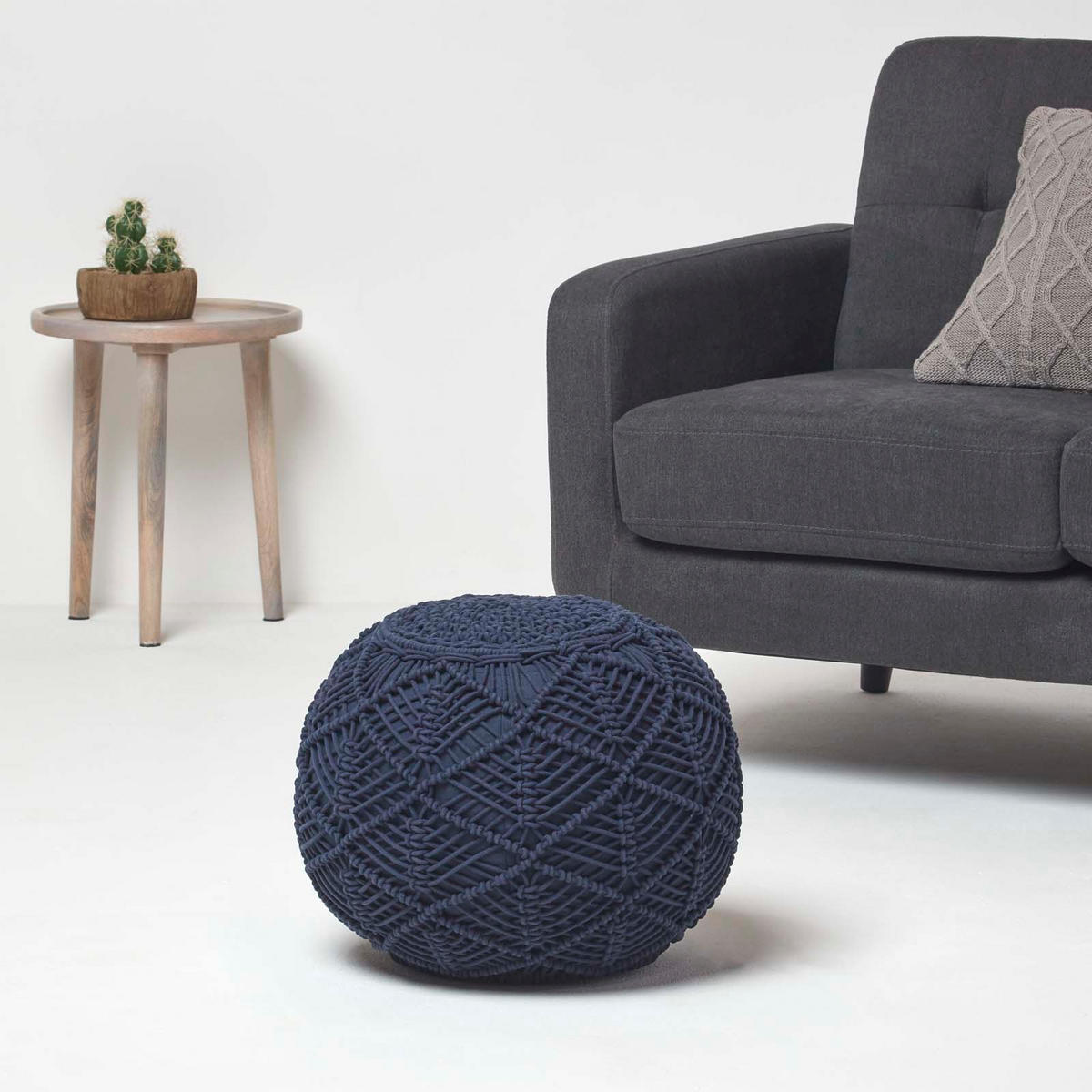POUF dunkelblau im Makramee-Stil, 40/40/35 cm - Dunkelblau, Textil (40/35/40cm) - Homescapes