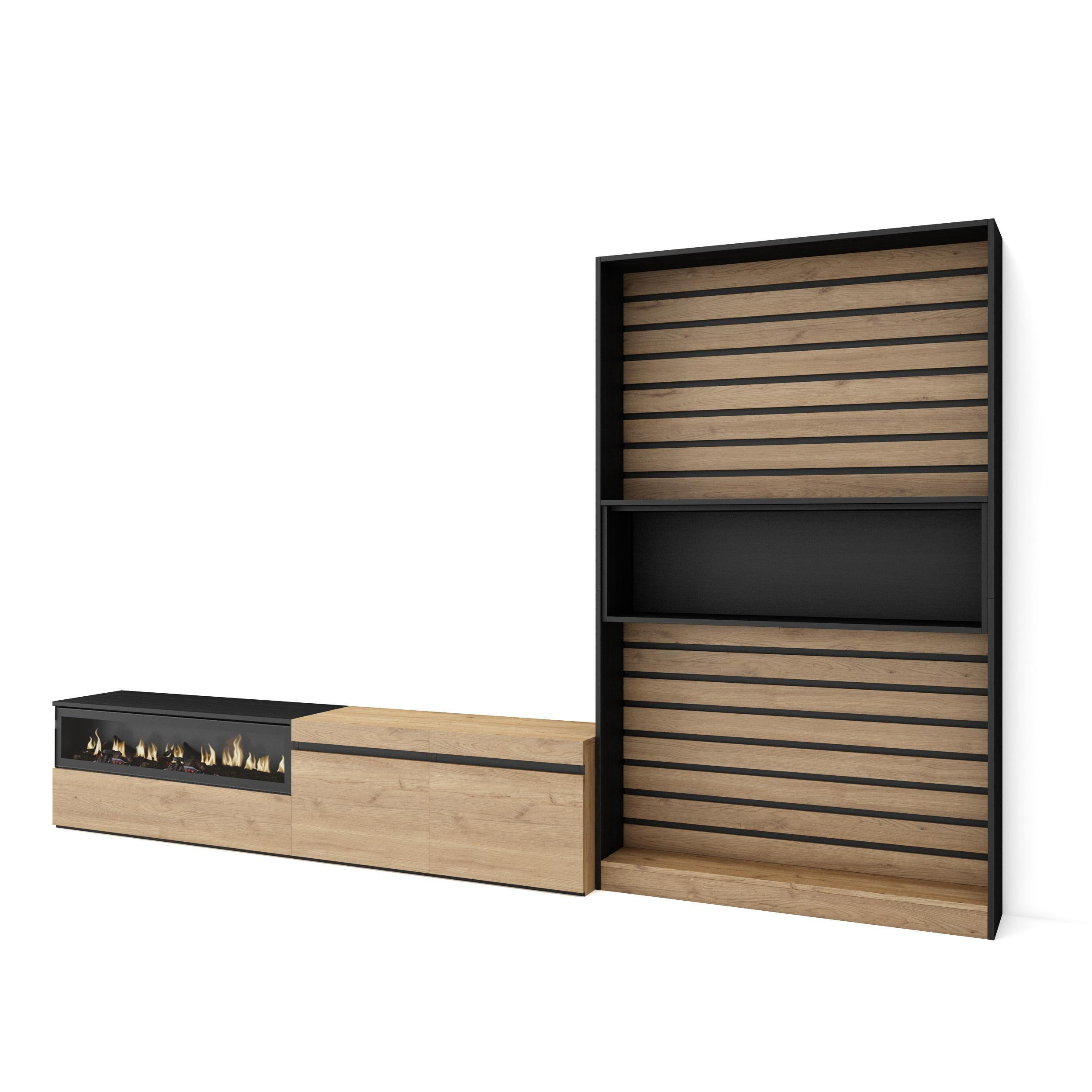 Skraut Home Wohnwand Eiche, Schwarz 310x186x35 cm