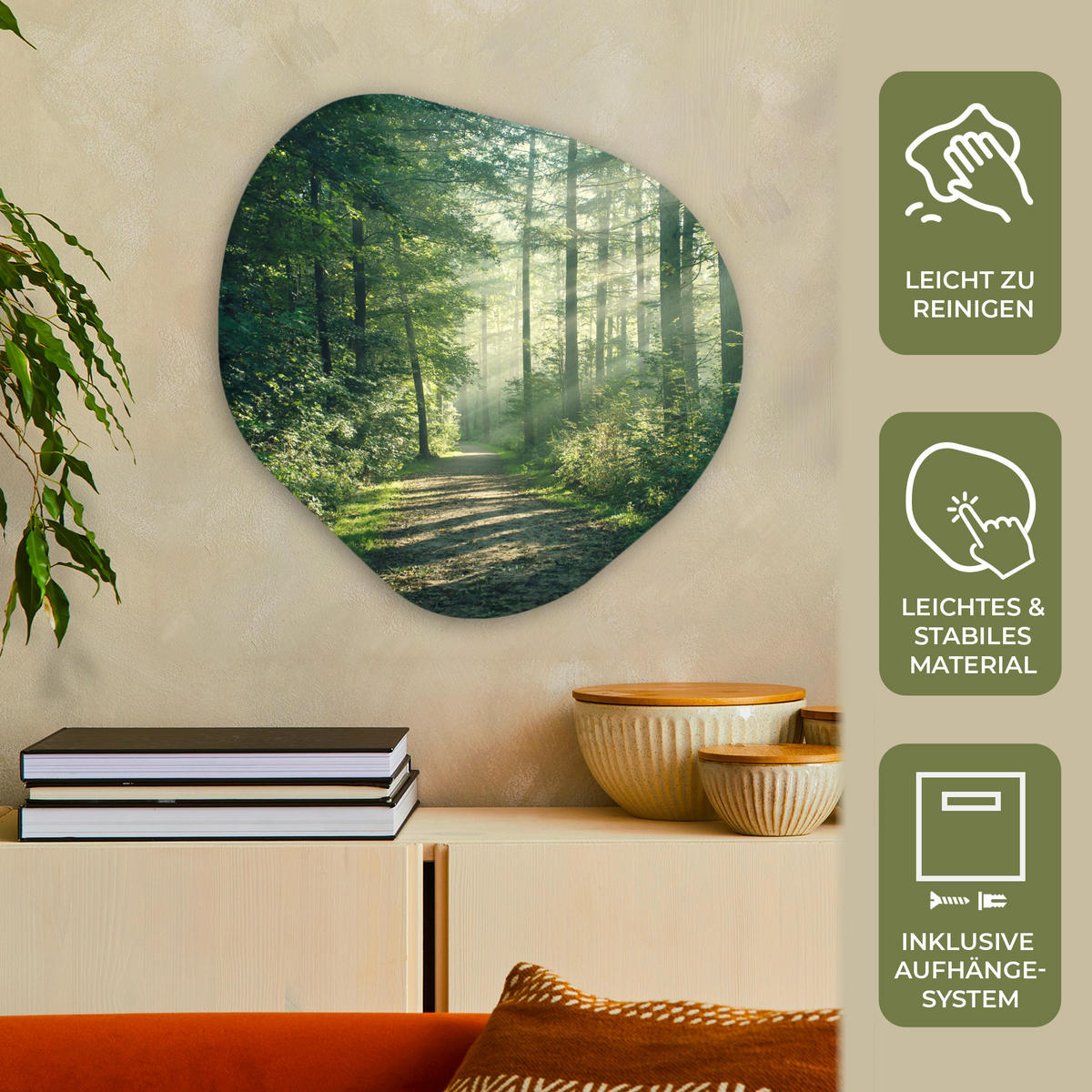 WANDBILD Wald - Weg - Sonne - Bäume - Grün - Natur 60x60 cm - Waldgrün, Kunststoff (60/60cm) - MuchoWow
