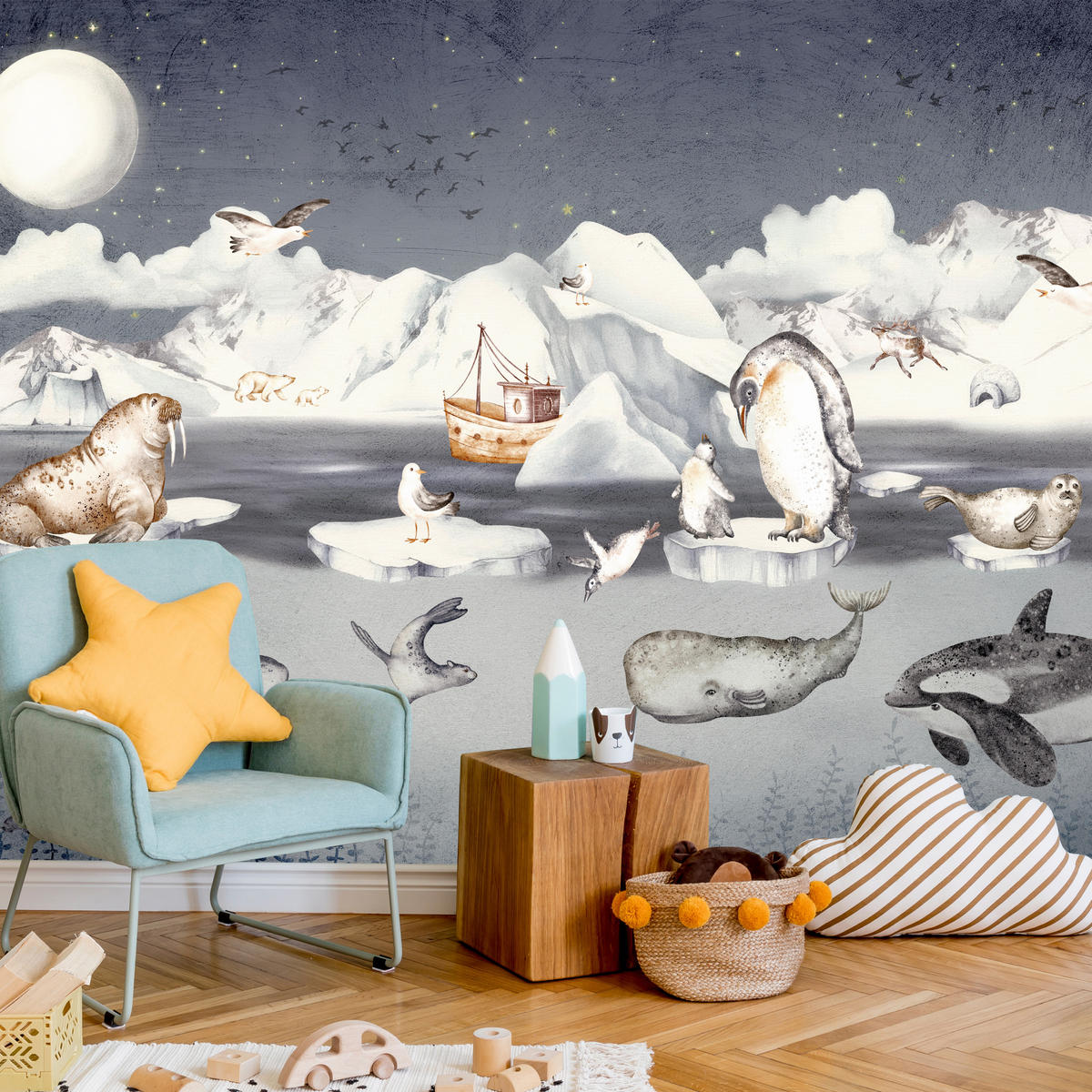 FOTOTAPETE für Kinderzimmer Arktische Tiere Pinguine Robben Mond Gebirge 400x280 - Orange/Weiß, Papier (400/280cm) - Muralo