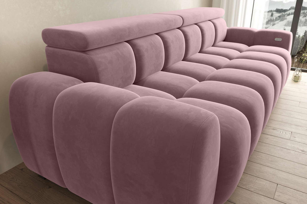 BIGSOFA ALESSIO Velours Rosa mit elektrischer Sitztiefenverstellung - Rosa, Kunststoff/Textil (248/77/108cm) - 99rooms