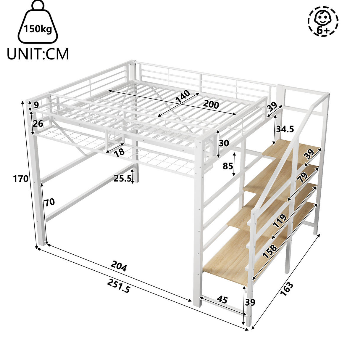 HOCHBETT 140/200 cm mit LED-Beleuchtung, Stufenregal und Aufbewahrungskorb, Weiß - Weiß, Holzwerkstoff (140/200cm) - Redom