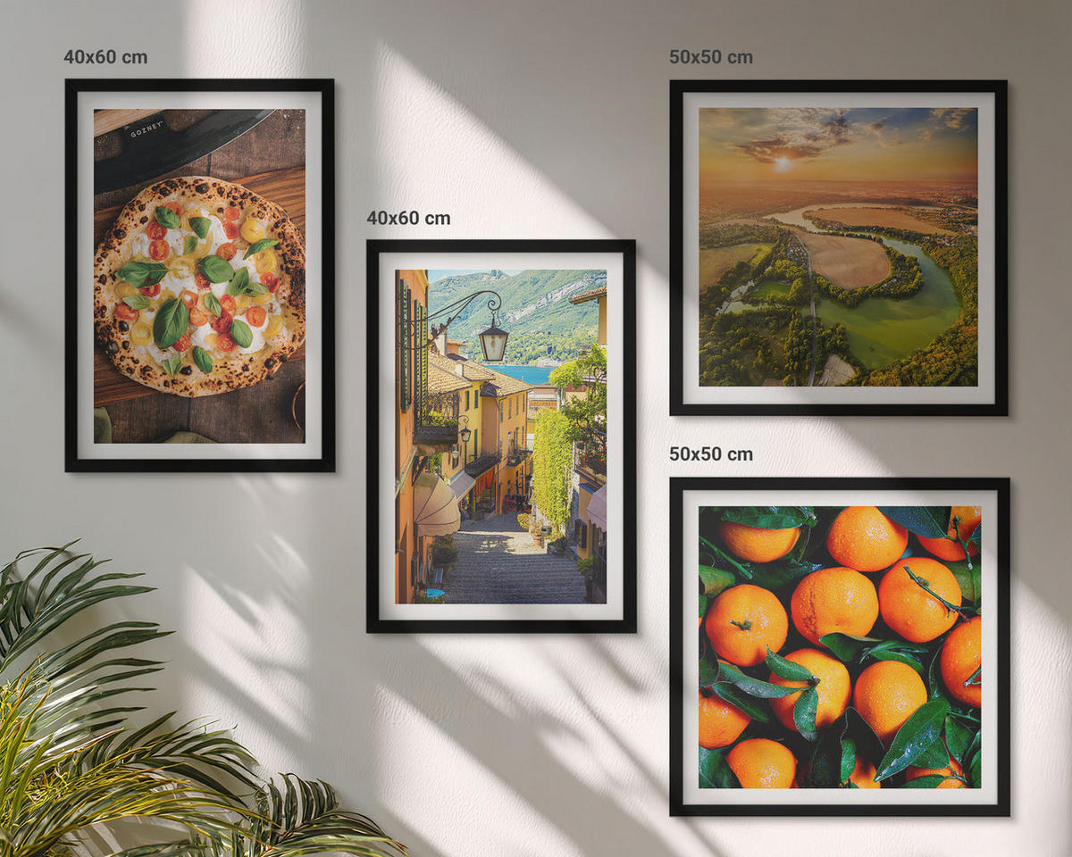 BILDER SET 4er Set - 50x50 cm & 40x60 cm Schwarzer Rahmen - Italienische Flüsse, Hügel, Straße - Schwarz, Kunststoff (50/50cm) - TULUP
