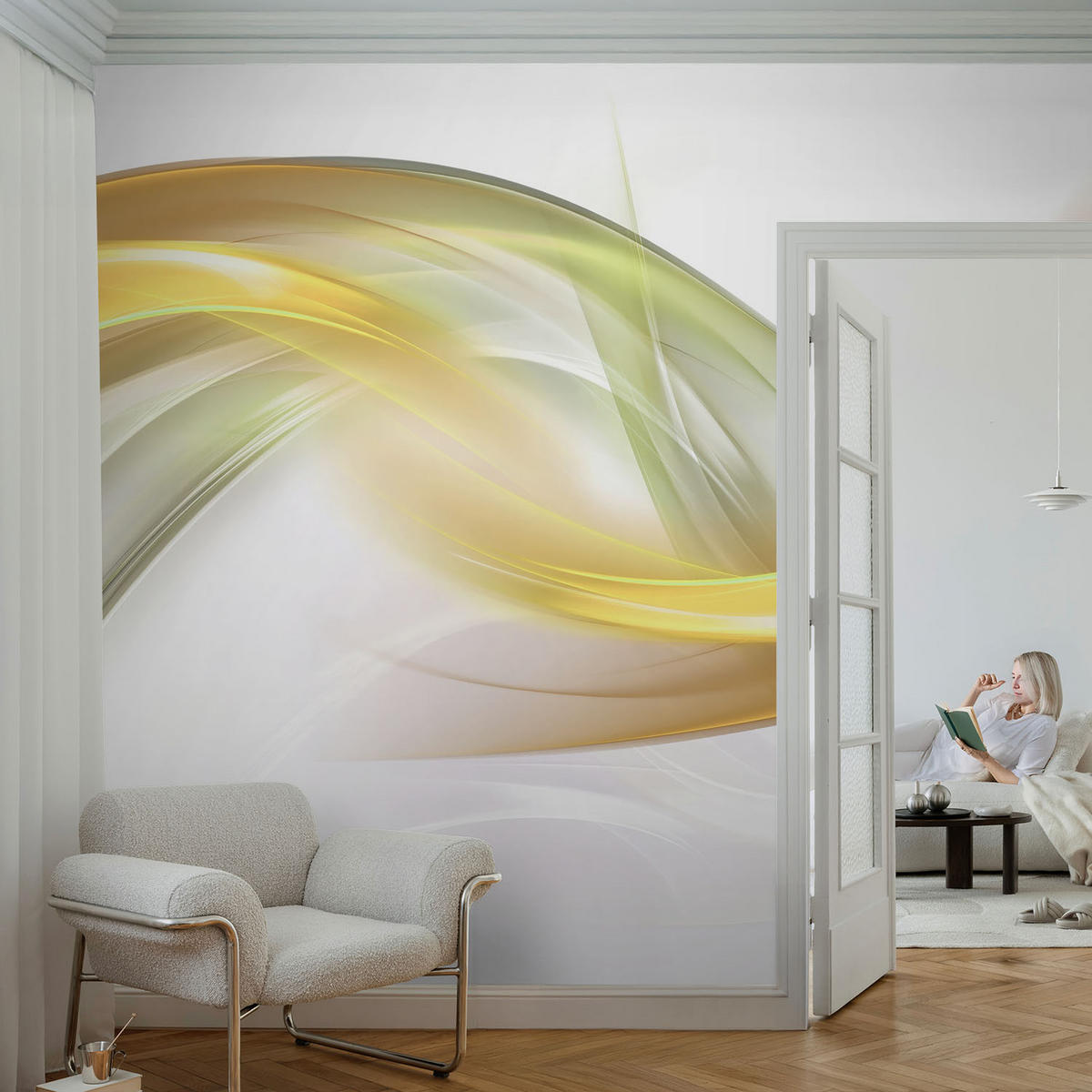 FOTOTAPETE 104x70 cm - Fließende Harmonie - Weiß, Textil (104/70cm) - Wallfluent
