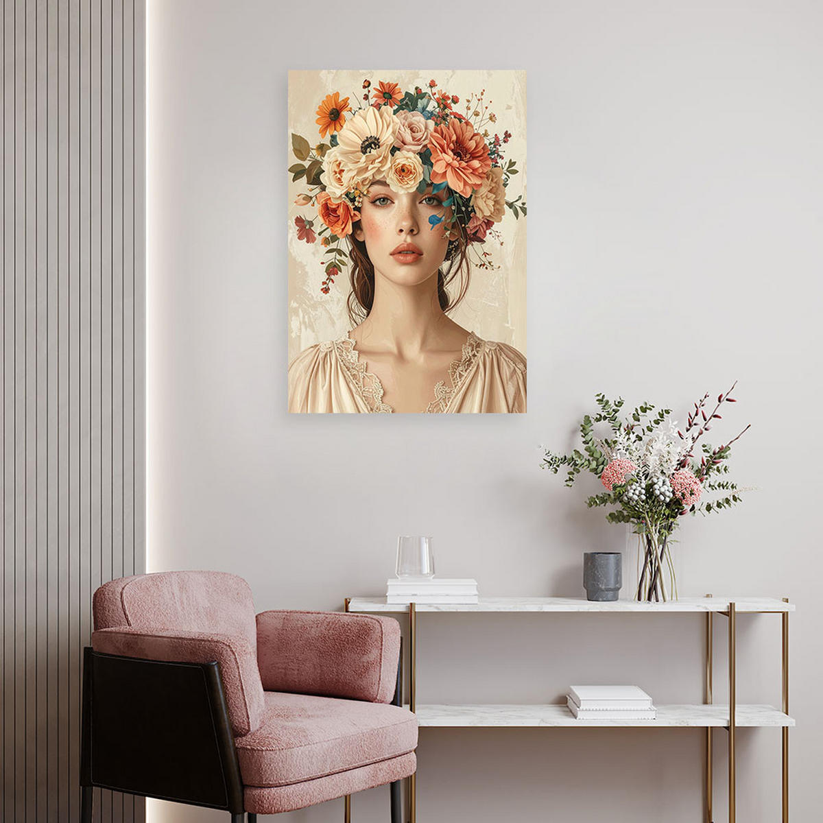 LEINWANDBILD, Frauenporträt mit Blumenstrauß in Pastelltönen - Beige, Textil (70/100cm) - Feeby