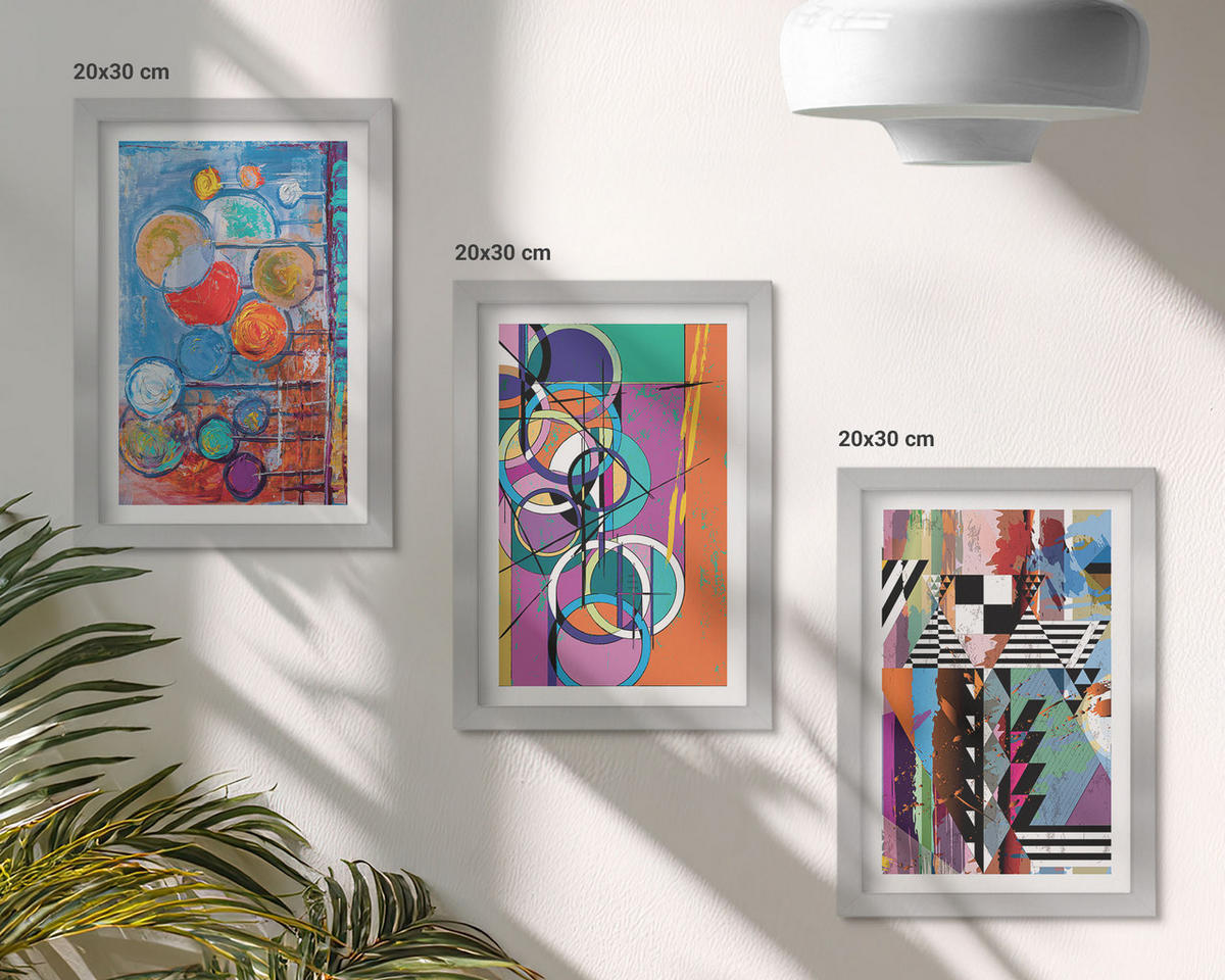 BILDER SET 3er Set - 20x30 cm Silberner Rahmen - Bunte abstrakte Kreise Geometrie - Silberfarben, Kunststoff (20/30cm) - TULUP