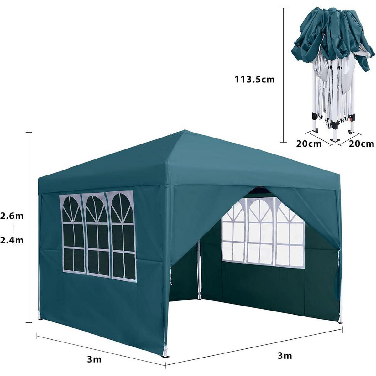 FALTPAVILLON 3x3m mit Seitenteilen und Fenstern Grün - Petrol, Textil (300/260/300cm)