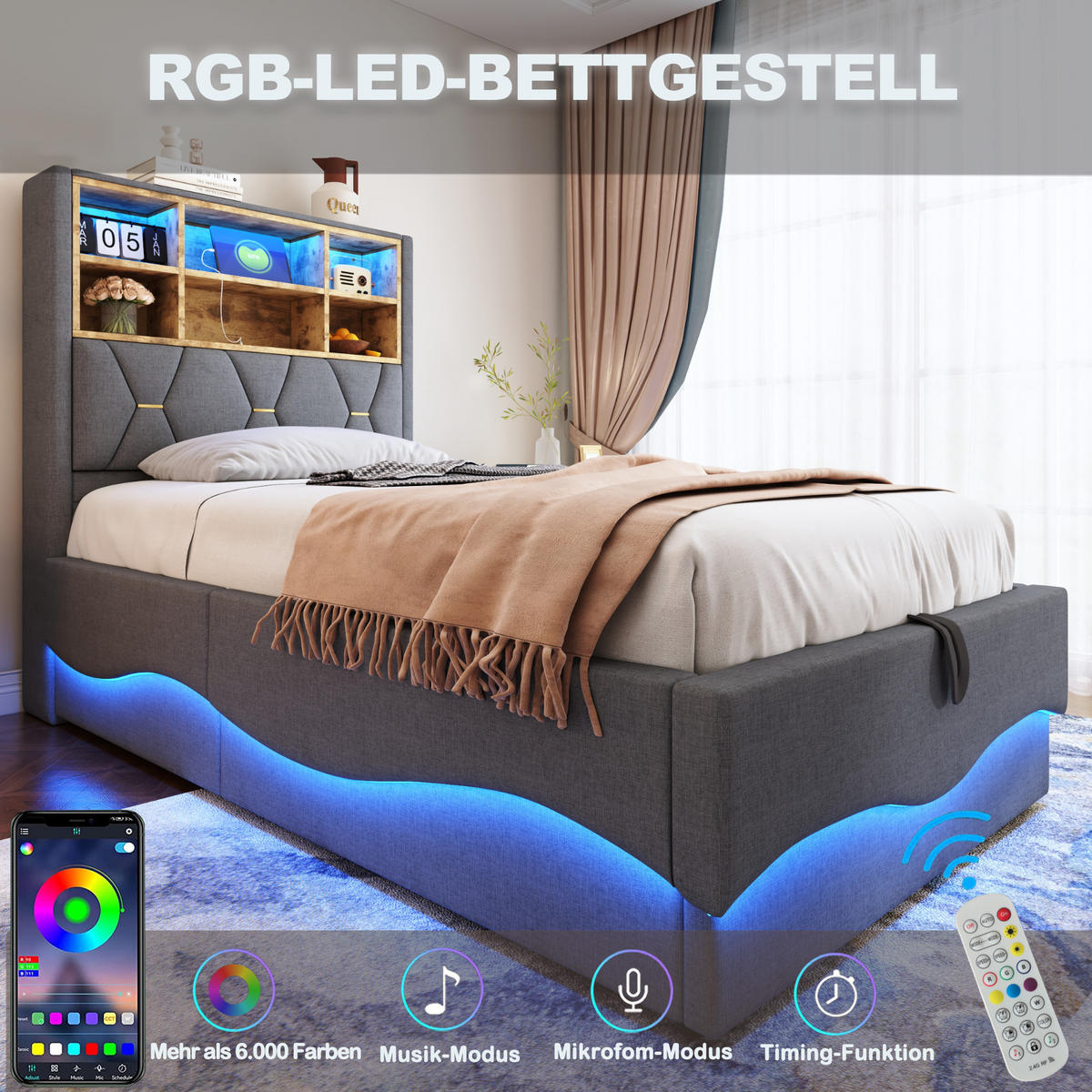 KINDERBETT 90/200 cm Grau mit hydraulischem Stauraum und LED-Beleuchtung - Grau, Metall (90/200cm) - OKWISH