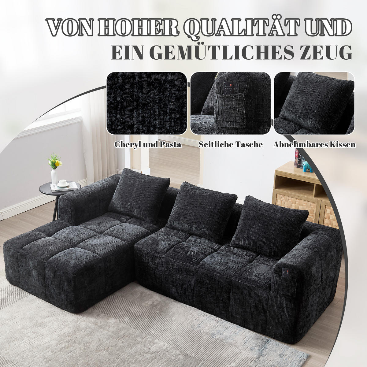 4-SITZER ECKSOFA Chenille Schwarz mit Seitentaschen und mit Kissen - Schwarz, Textil (250/158cm) - WISHDOR