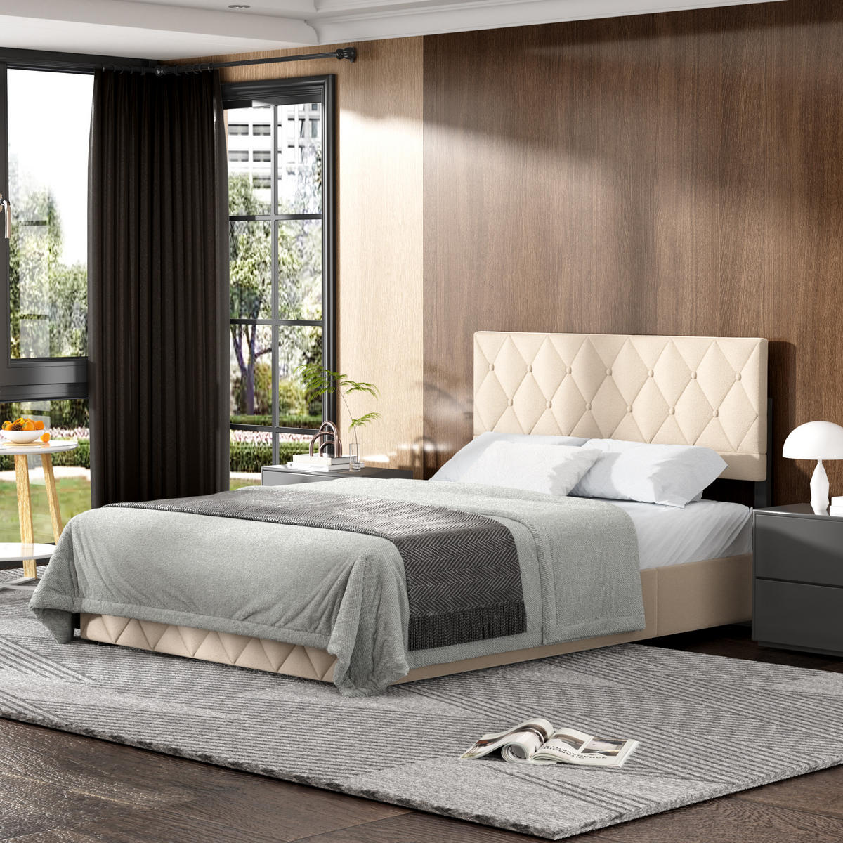 POLSTERBETT 140/200 cm aus Samt in Beige mit Stauraum und Lattenrost - Beige, Textil (140/200cm) - BEAOK