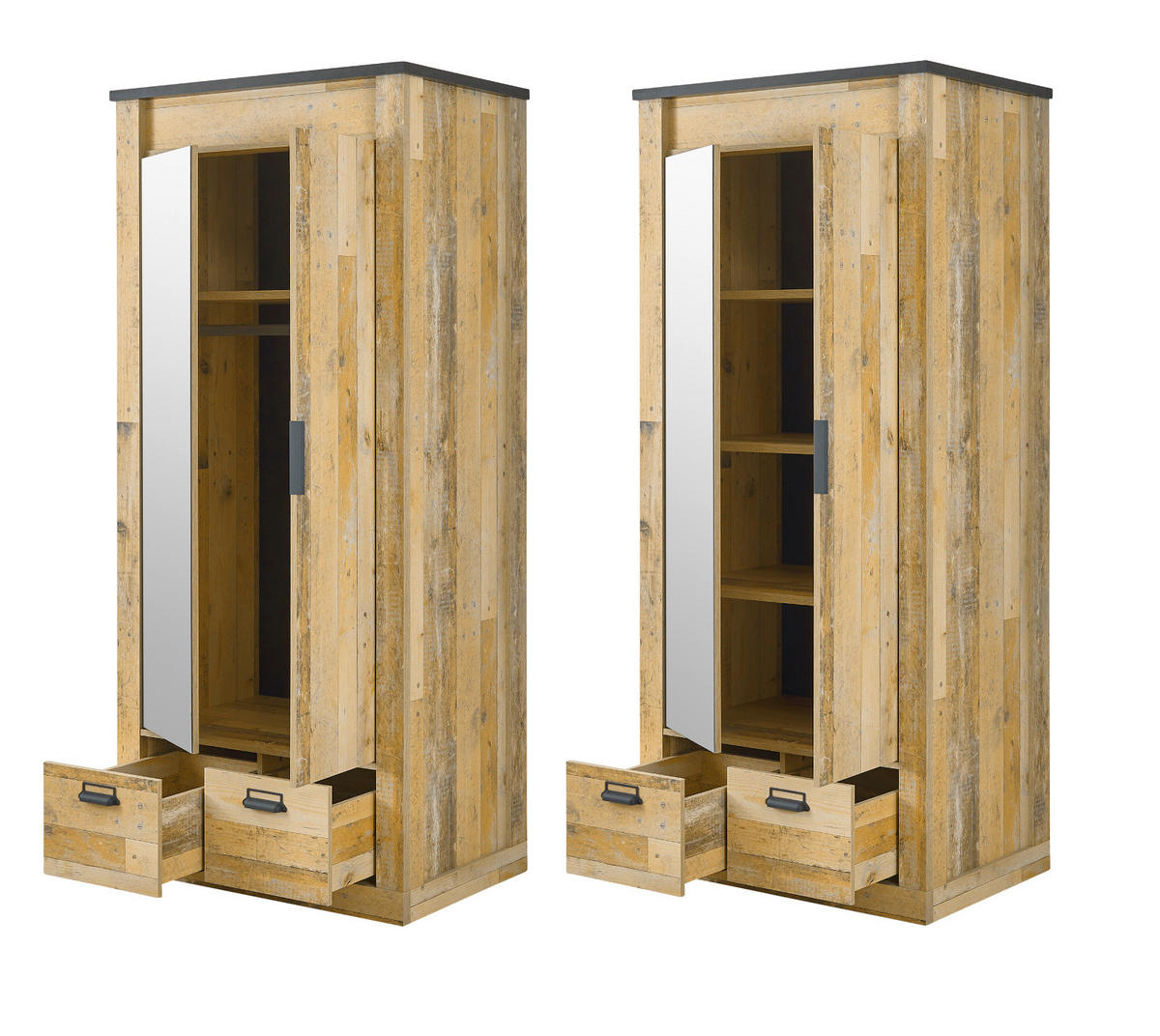 KLEIDERSCHRANK Used Wood hell, dunkles Grau 93 x 209 cm, Drehtürenschrank 2-türig mit Spiegel - Dunkelgrau/Schwarz, Glas/Holzwerkstoff (93/209/63cm) - Furn.Design
