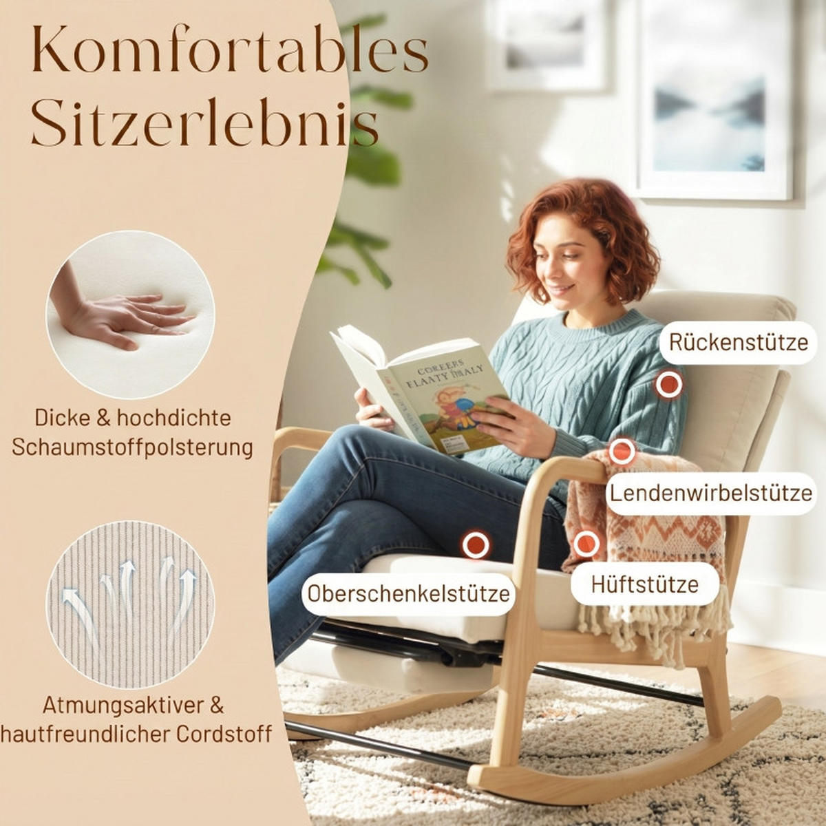 SCHAUKELSTUHL mit Fußstütze, verstellbarer Rückenlehne und Lendenkissen, Creme - Weiß, Textil (89/97.5/70cm) - Kaket