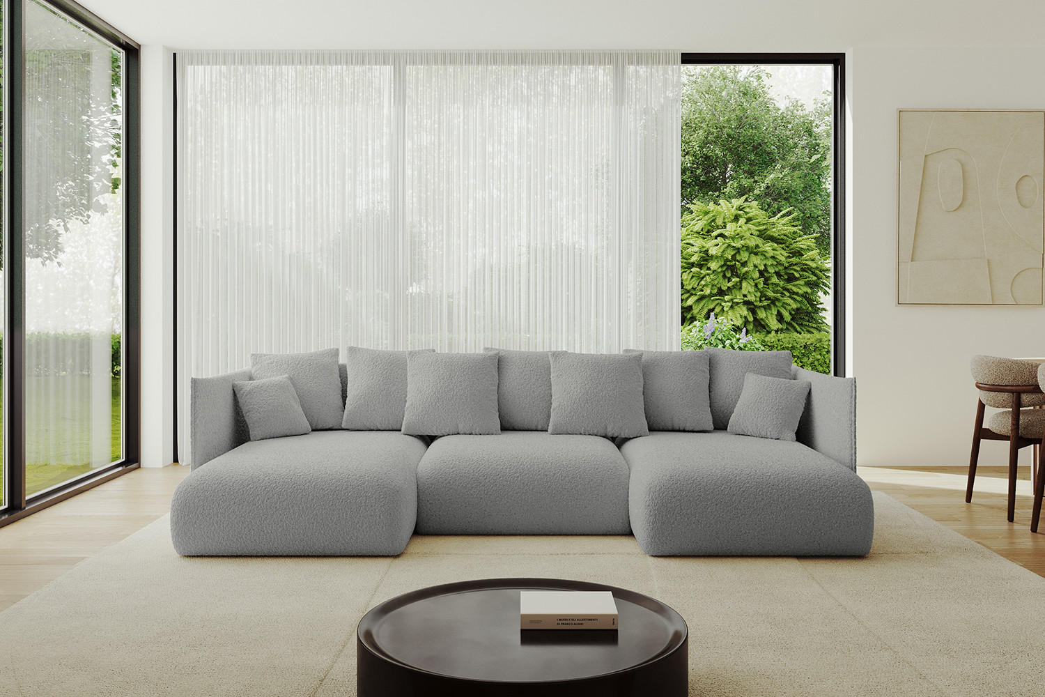 WOHNLANDSCHAFT mit Schlaffunktion und Bettkasten ONESK-U 304x165x40 Hellgrau Bouclé - Hellgrau, Holzwerkstoff/Kunststoff (304/90/165cm) - ALTDECOR