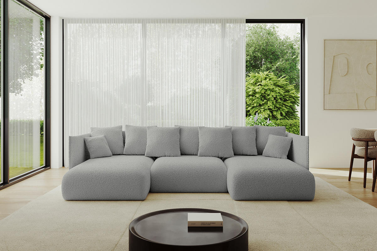 WOHNLANDSCHAFT mit Schlaffunktion und Bettkasten ONESK-U 304x165x40 Hellgrau Bouclé - Hellgrau, Holzwerkstoff/Kunststoff (304/90/165cm) - ALTDECOR