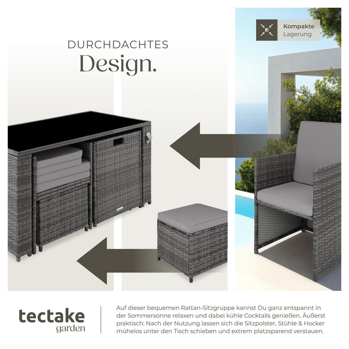 RATTAN SITZGRUPPE Palermo,inklusive Flaschenöffner, zusammenschiebbar,grau - Grau, Kunststoff - tectake