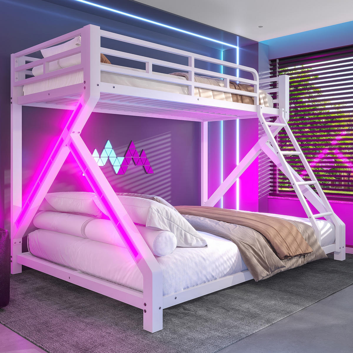 ETAGENBETT 90/200 cm & 140/200 cm in Weiß mit LED, Sicherheitsgeländer und Leiter - Weiß, Metall (90/200cm) - STILVORA