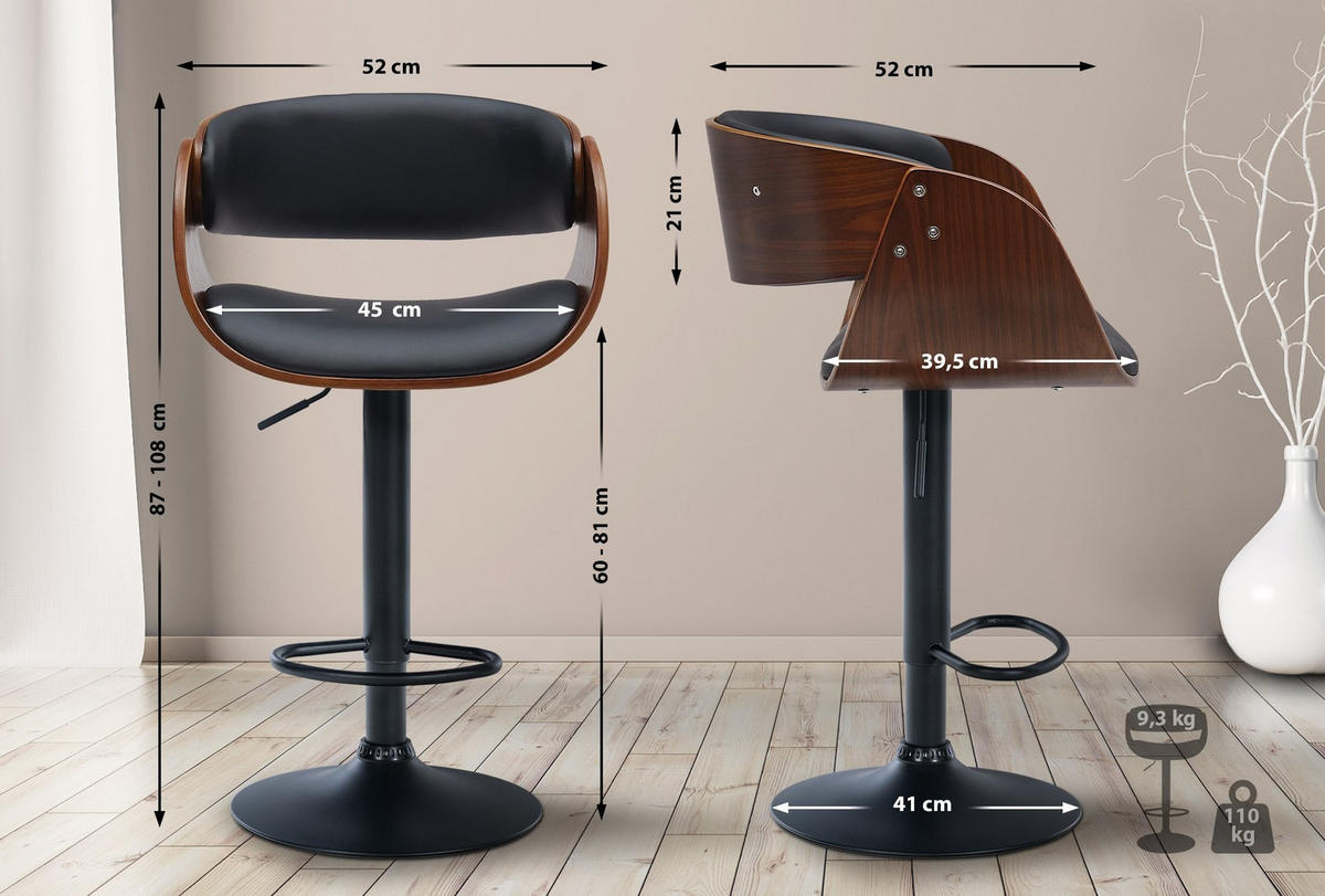 BARHOCKER Portmore 52x52x87-108 cm Walnuss/Schwarz - Nussbaumfarben, Leder (52/87/52cm) - furnicato