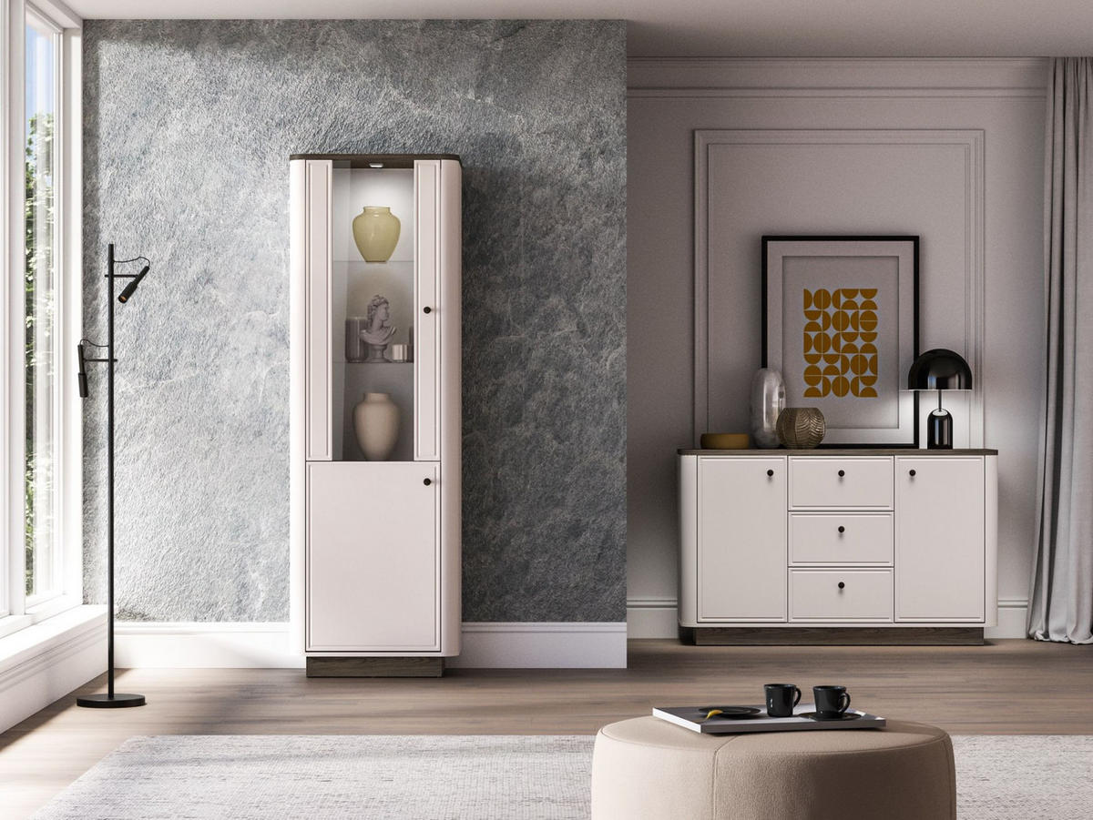 VITRINE Vilavio 2-türig Kaschmirgrau/Eichenoptik 65 cm - Taupe/Dunkelbraun, Holzwerkstoff (65/191.5/40cm) - Selsey